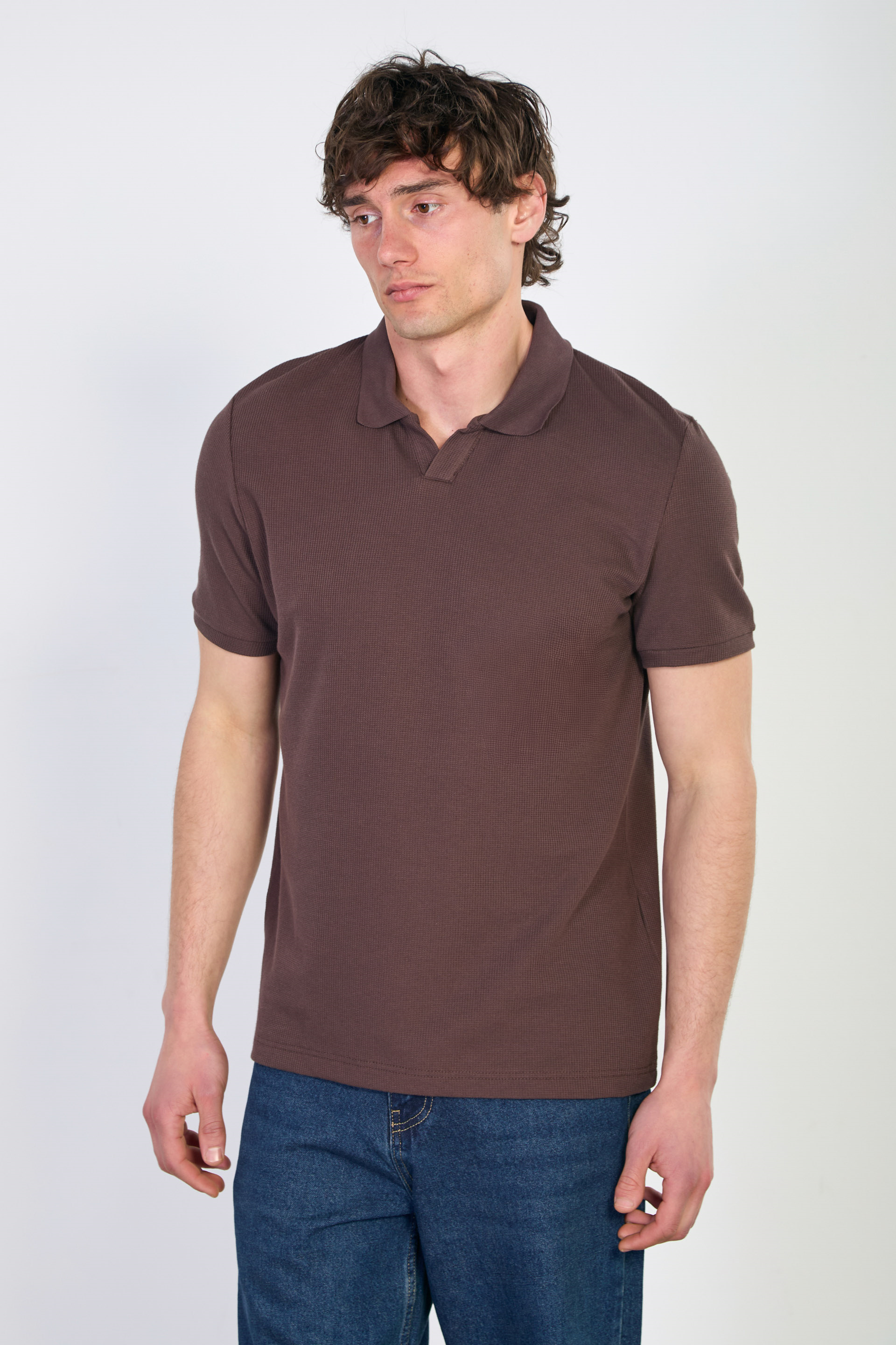 Erkek Waffle Yakalı T-Shirt - Kahve