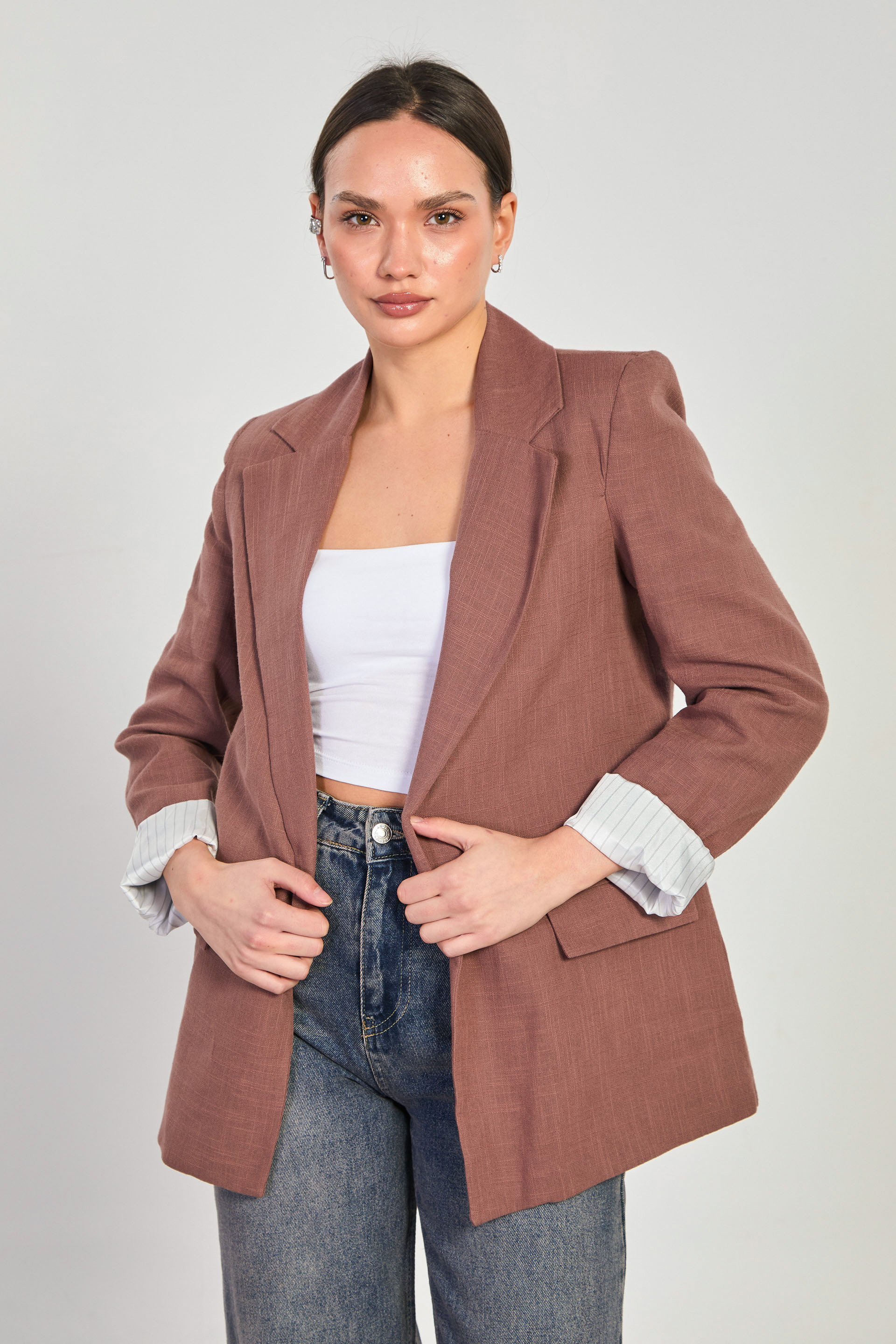 Kadın Kolları Çizgili Keten Blazer Ceket - Kahve