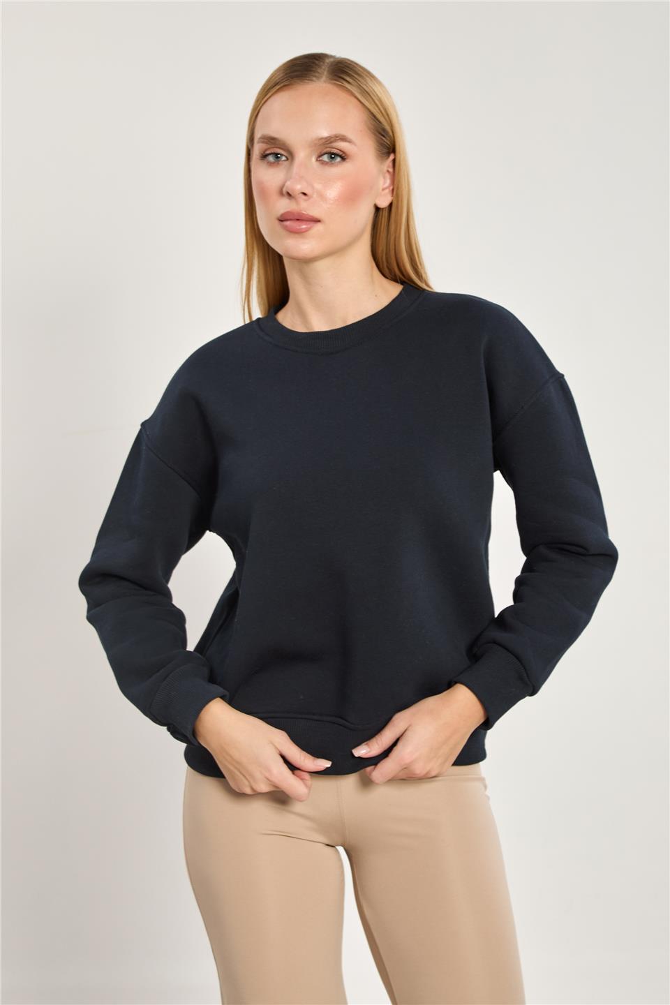 Kadın Bisiklet Yaka Oversize Sweatshirt - Lacivert