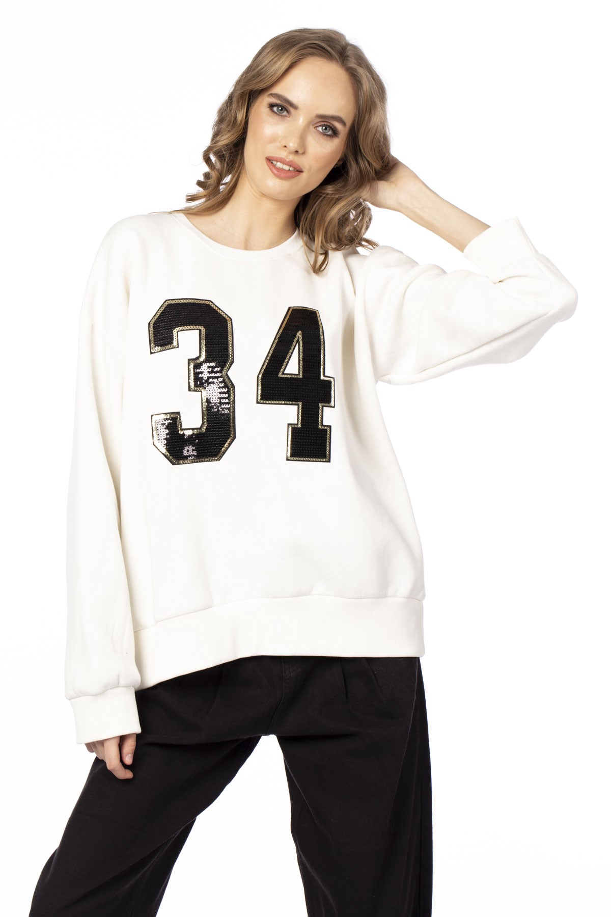 34 pul nakışlı sweatshirt-303 Ekru