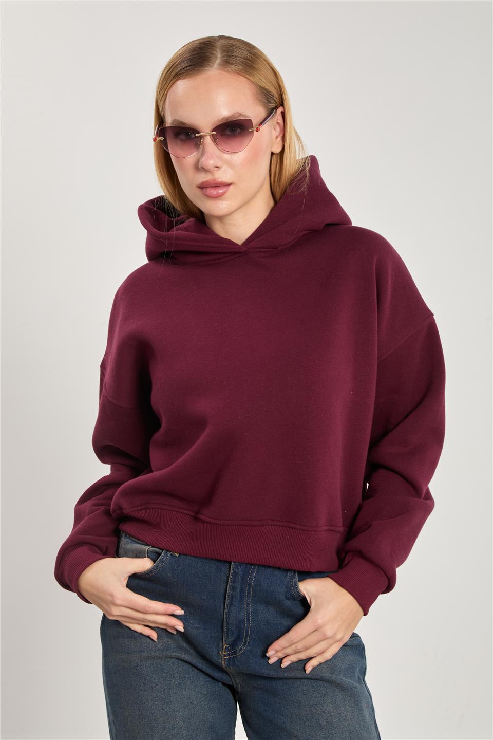 Kadın Bel Baskılı Kapüşonlu Sweatshirt - Mürdüm