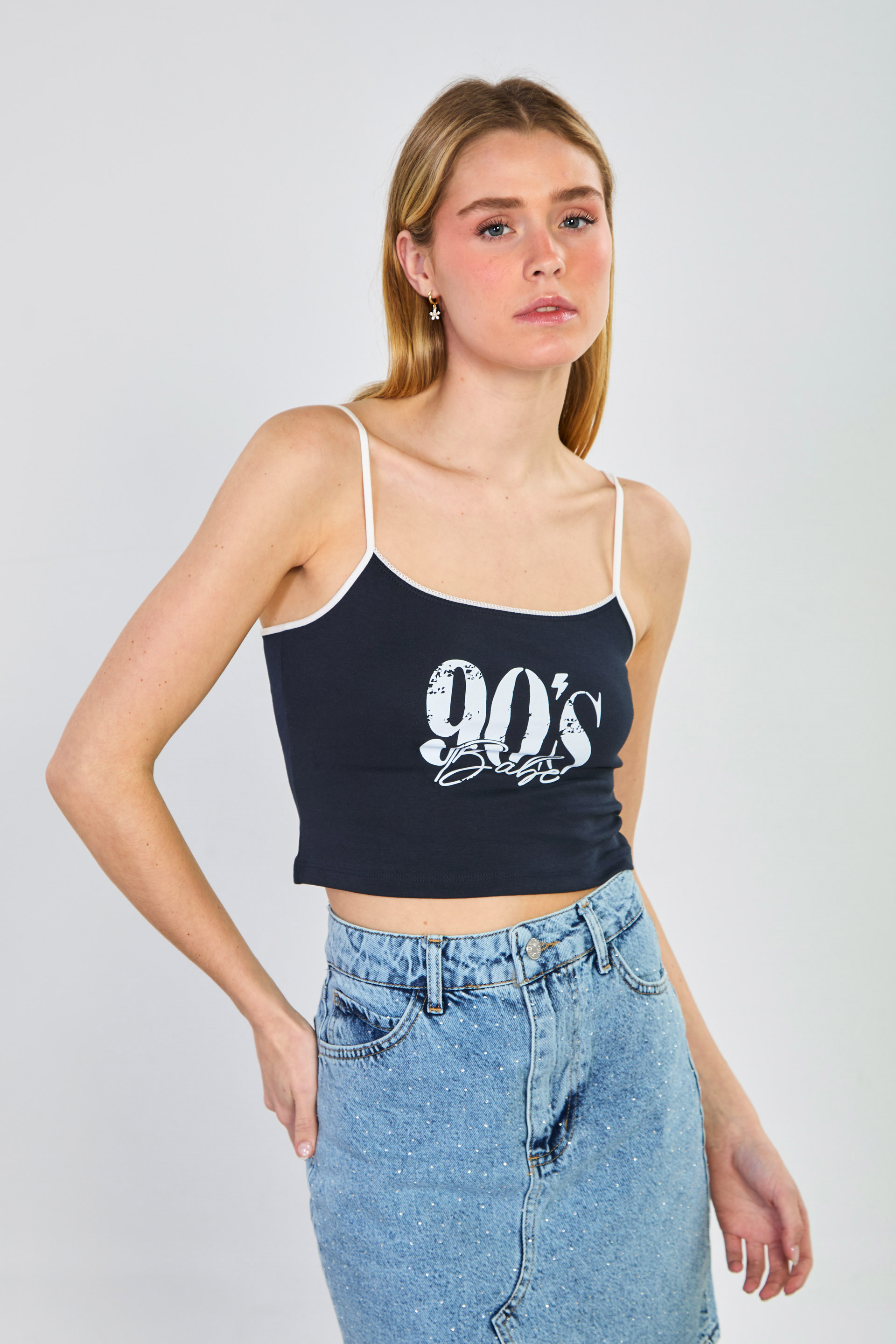 Kadın 90's Babe Yazılı İp Askılı Crop Top - Koyu Lacivert