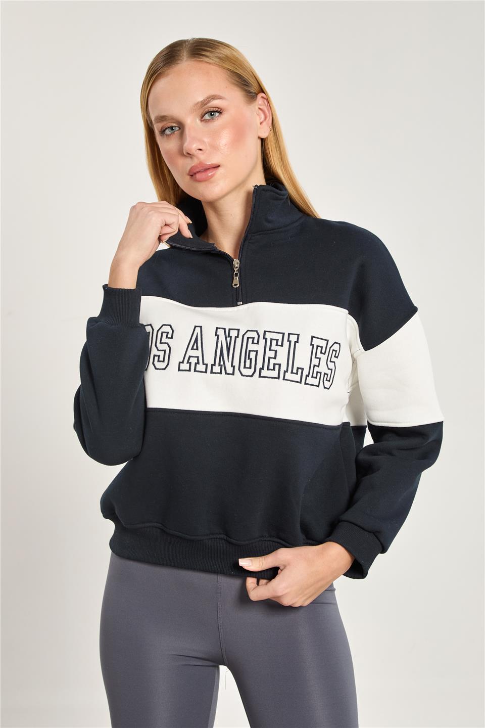 Kadın Los Angeles Yazılı Garnili Sweatshirt - Lacivert Ekru