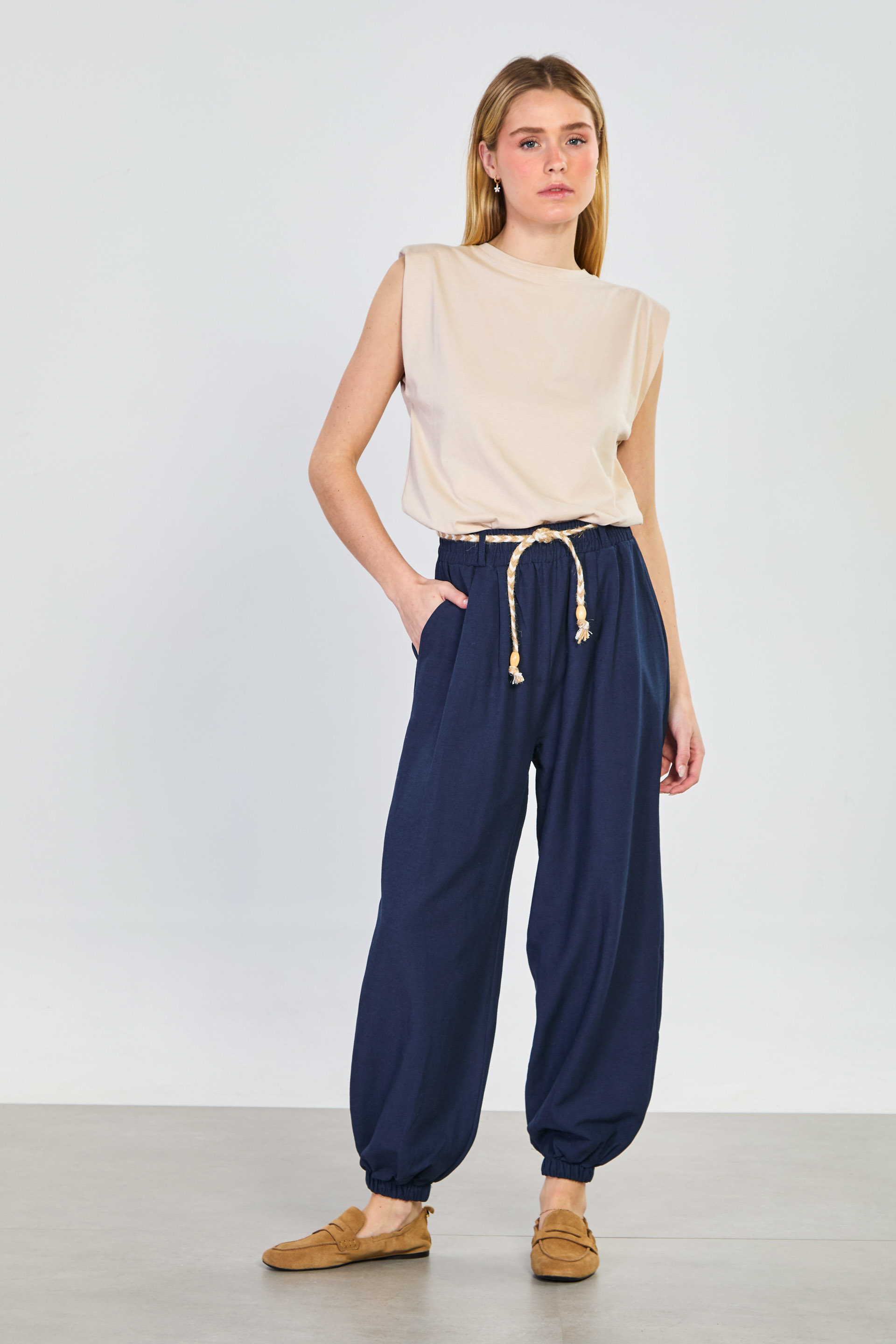 Kadın Hasır Kemerli Paça Lastikli Pantolon - Lacivert