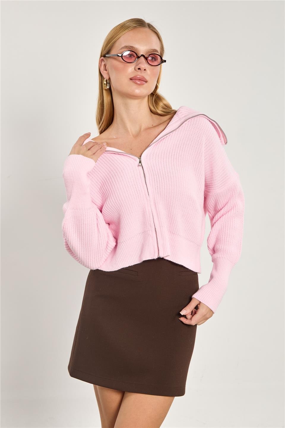 Kadın Devrik Yaka Fermuarlı Triko Hırka - Pembe