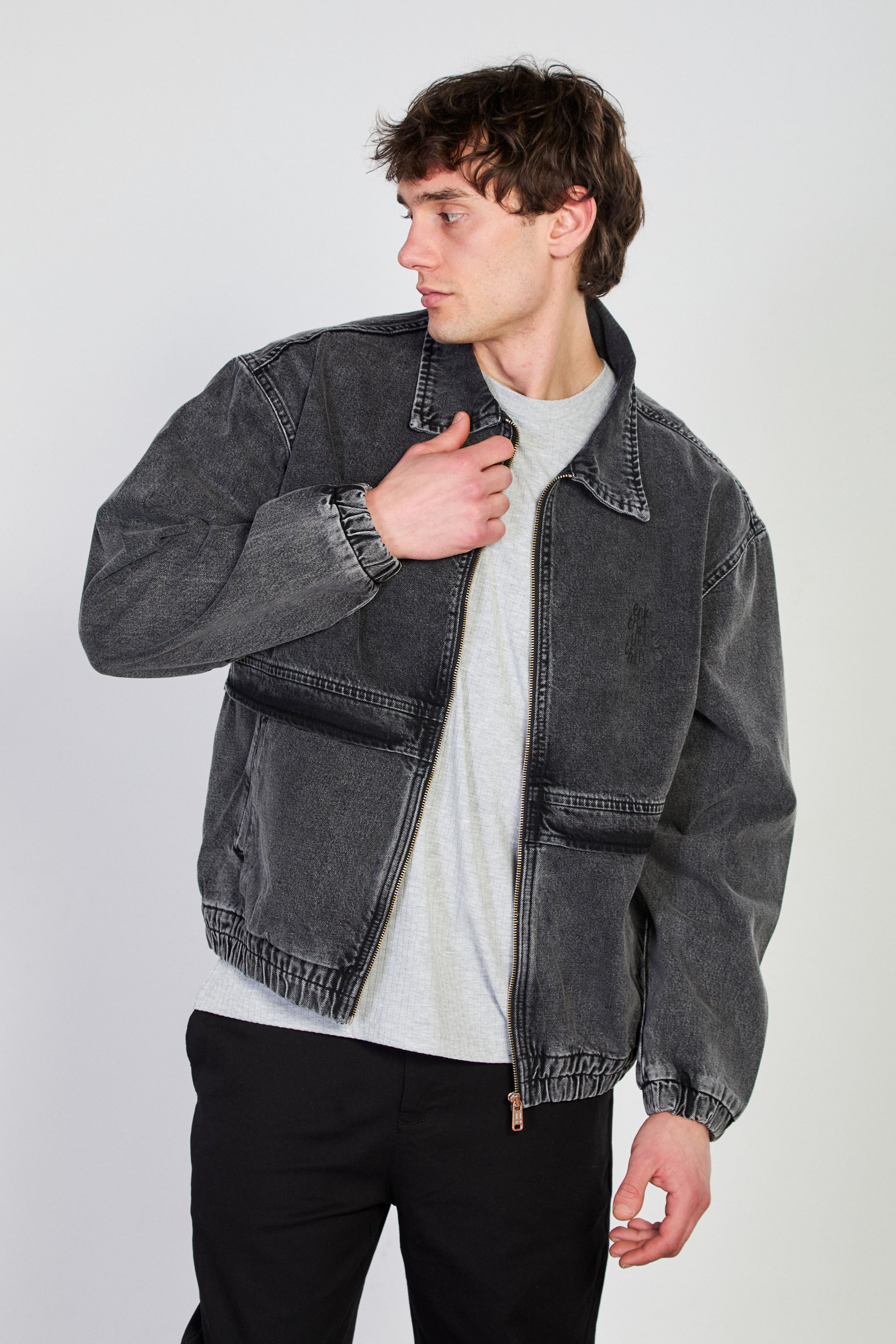 Erkek Beli Lastikli Fermuar Polo Yaka Ceket - Siyah Kar Y.