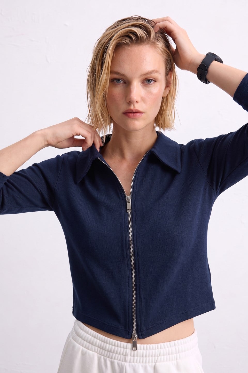 Kadın Polo Yaka Fermuarlı Sweatshirt - Lacivert