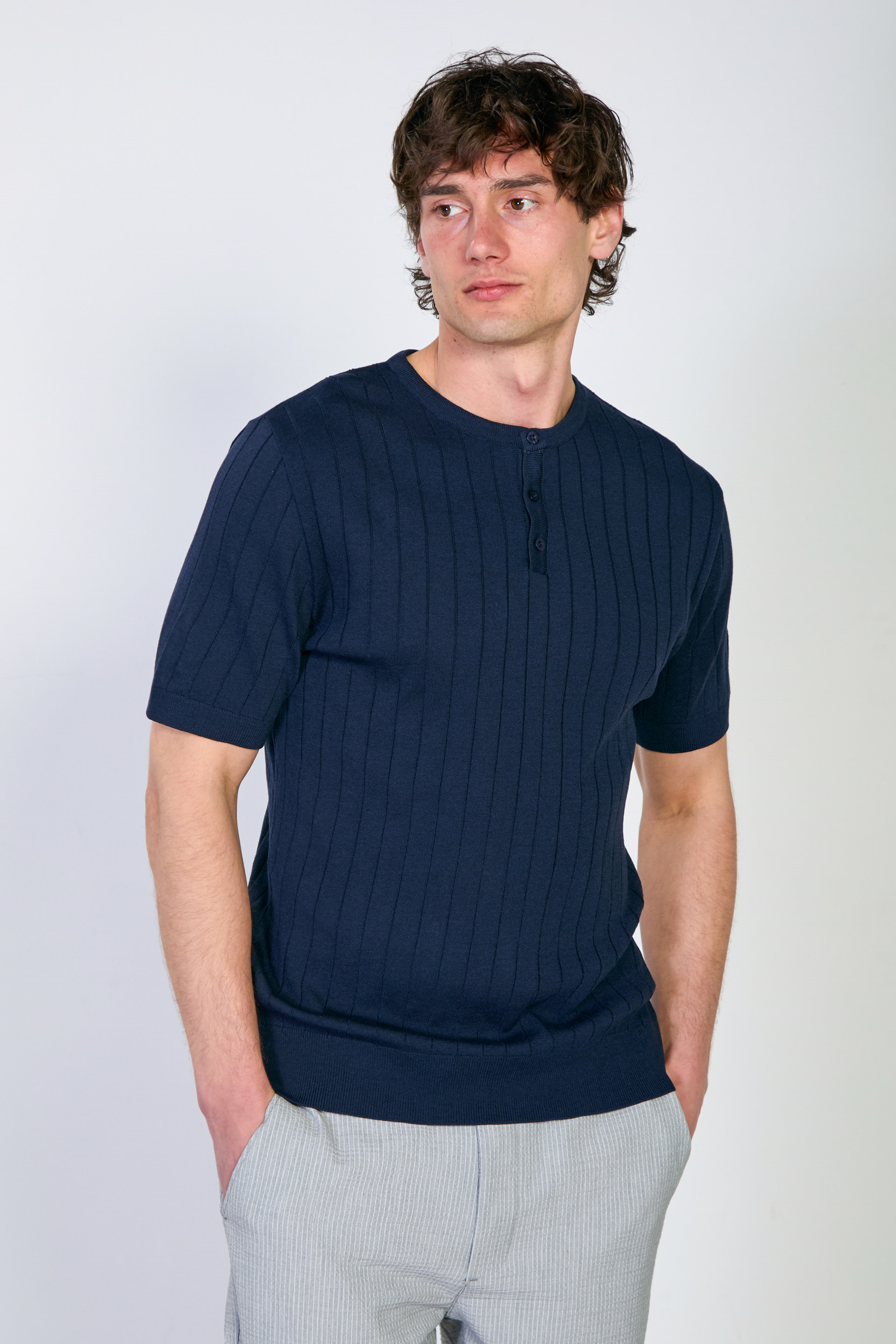 Erkek Bisiklet Yaka Düğmeli Triko T-Shirt - İndigo