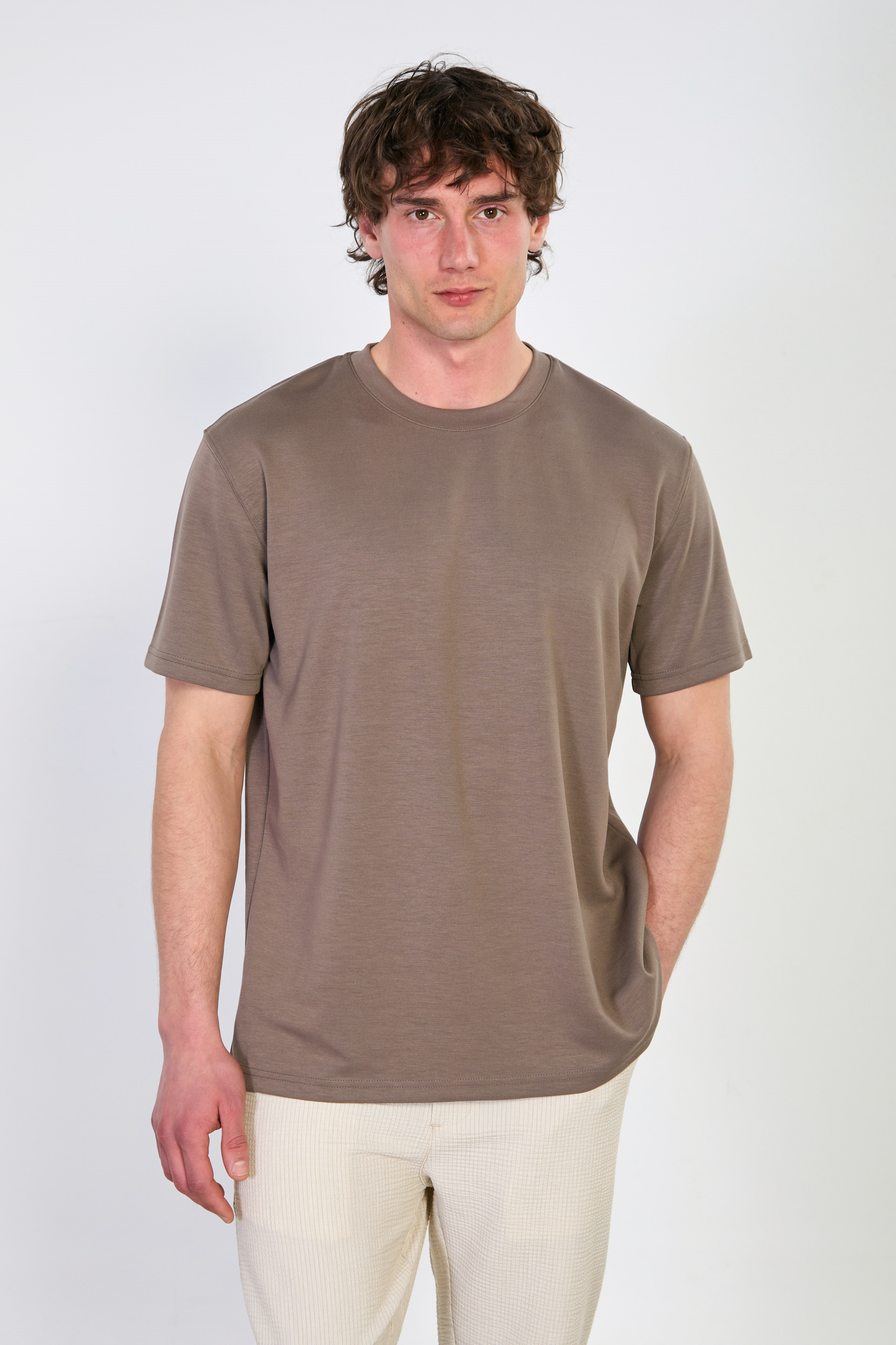 Erkek Bisiklet Yaka T-Shirt - Açık Kahve