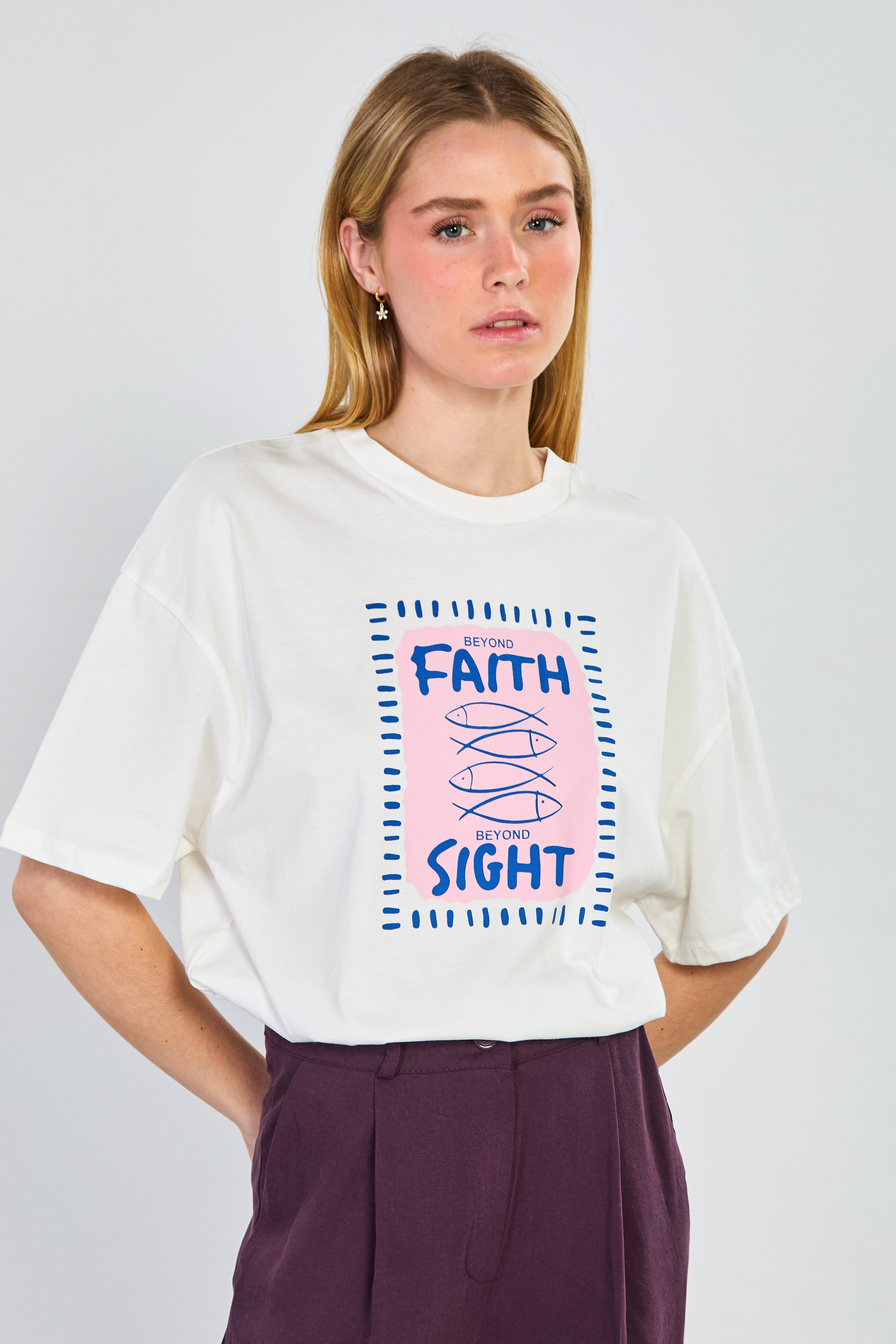 Kadın Balık Baskılı Oversize T-Shirt - Ekru