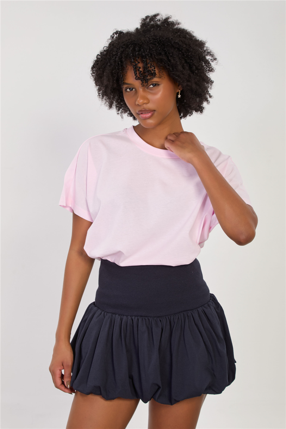Kadın Dik Yaka Düşük Kol Oversize T-Shirt - Toz Pembe