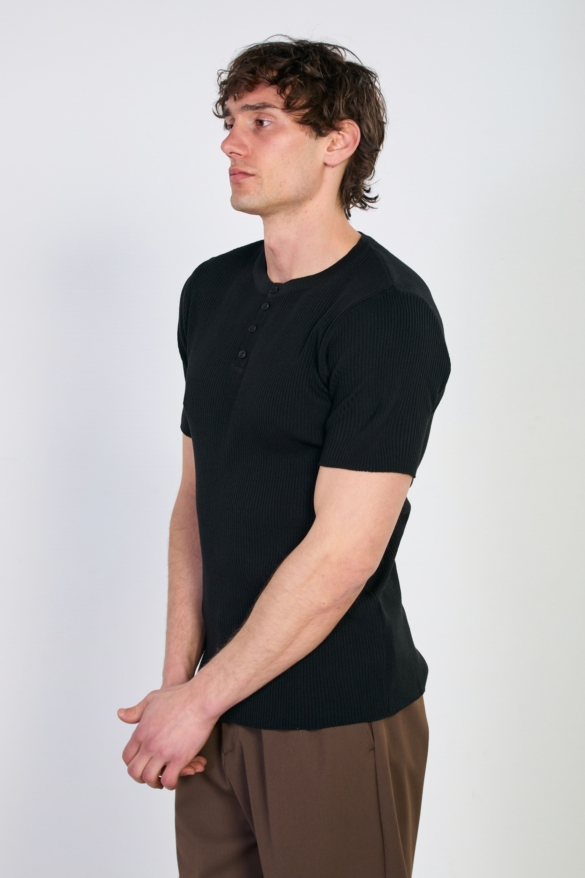 Erkek Düğmeli Kaşkorse Triko T-Shirt - Siyah