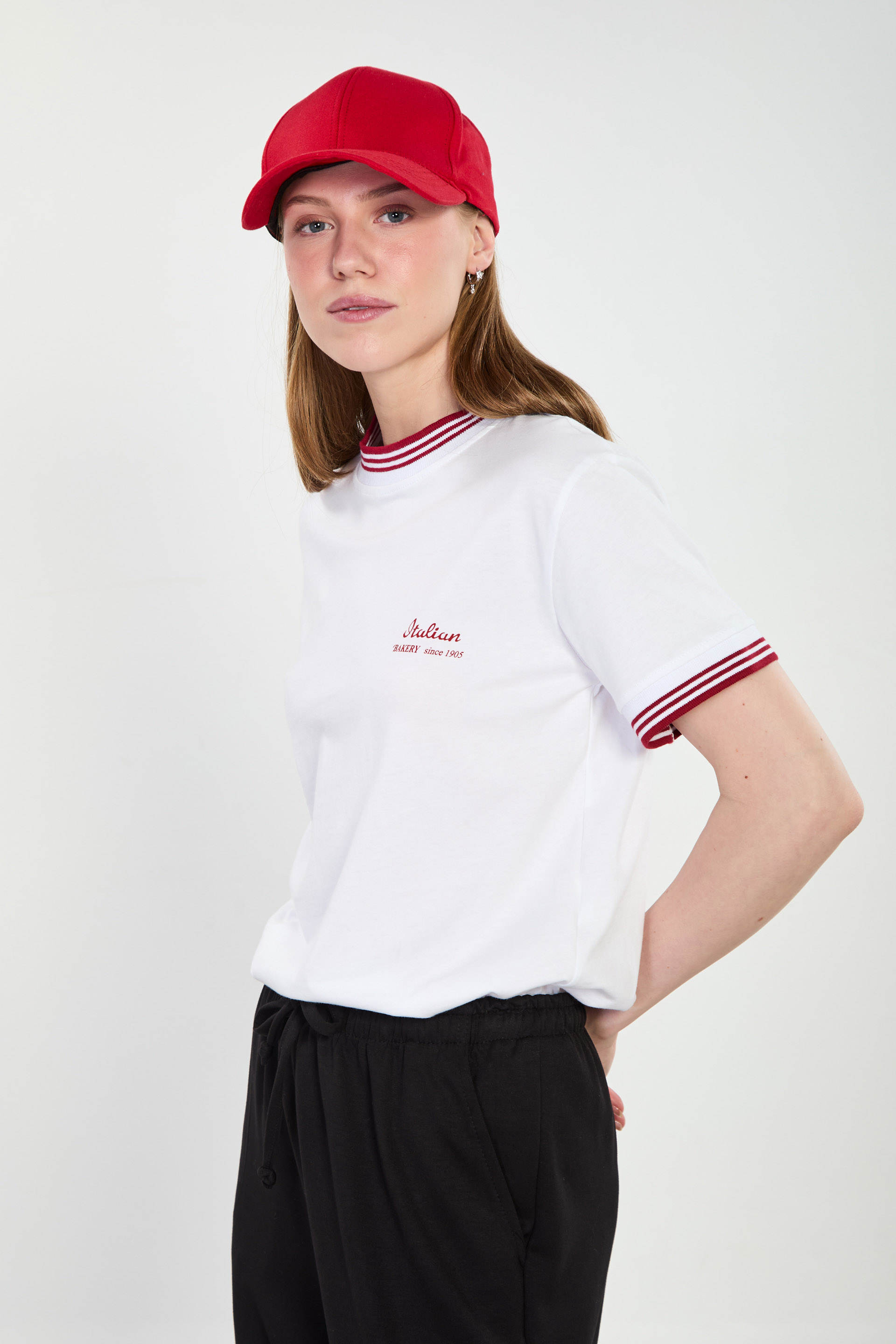 Kadın Çizgili Ribana Detaylı Setro T-Shirt - Beyaz