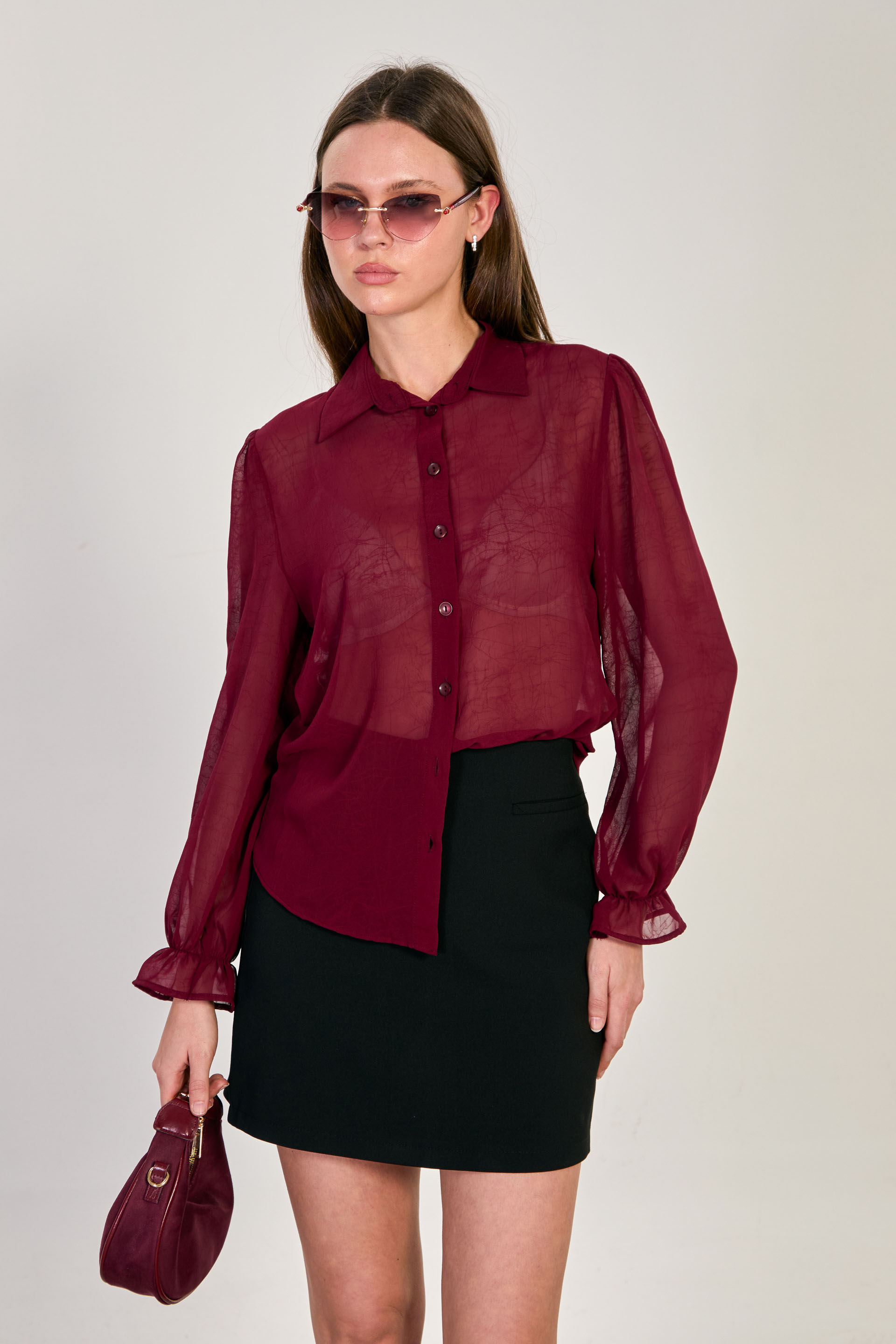 Kadın Dokulu Uzun Kollu Gömlek - Bordo