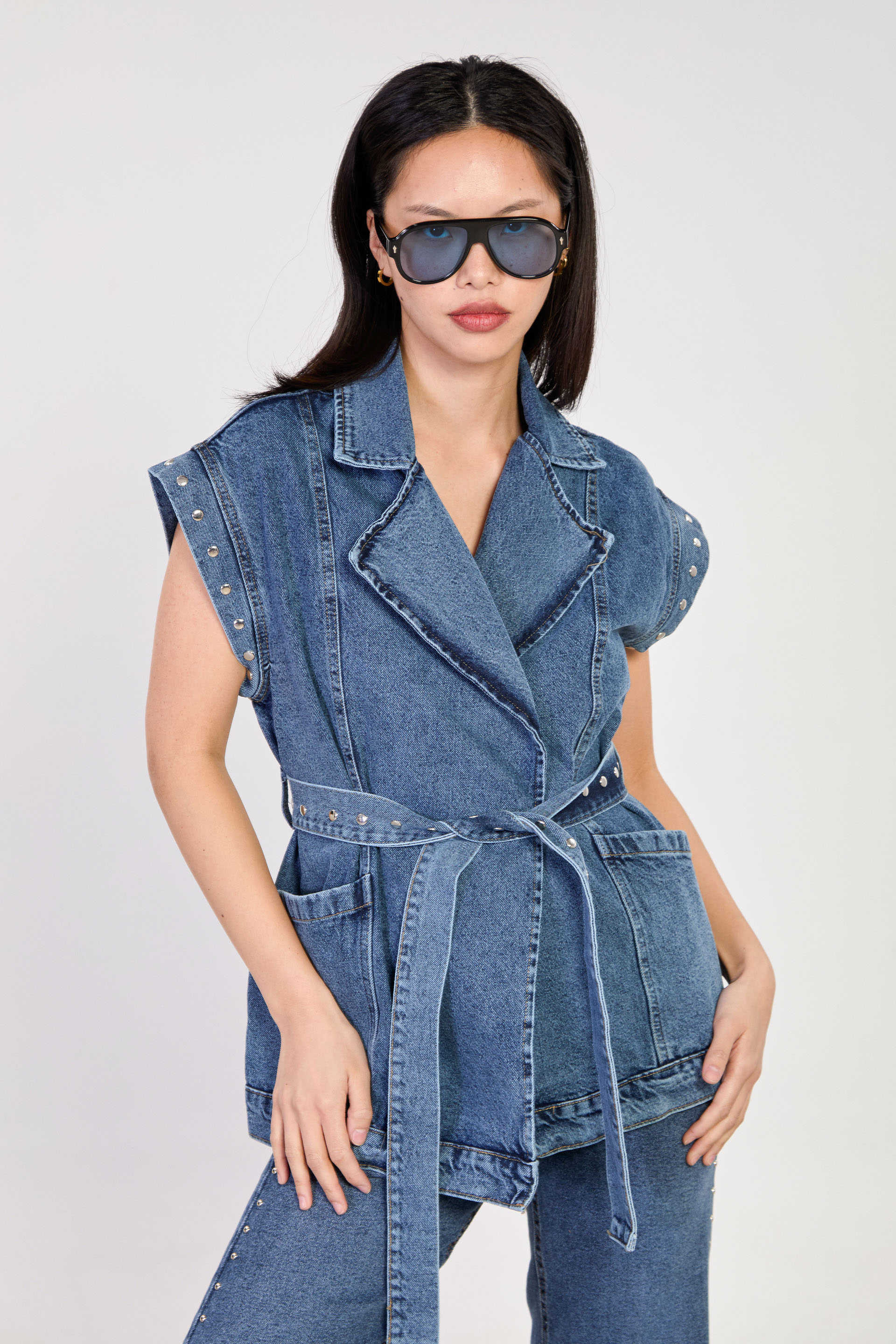 Kadın Kolları Zımbalı Beli Kuşaklı Yelek - Koyu Mavi