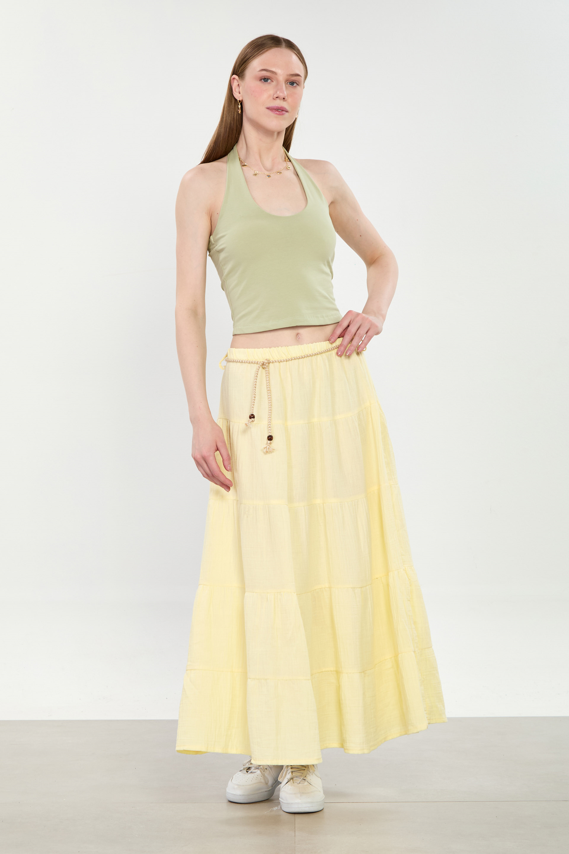 Kadın Kemerli Pileli Uzun Pamuk Etek - Sarı