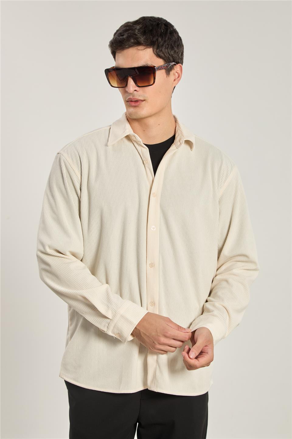 Erkek Fitilli Kadife Gömlek - Ekru