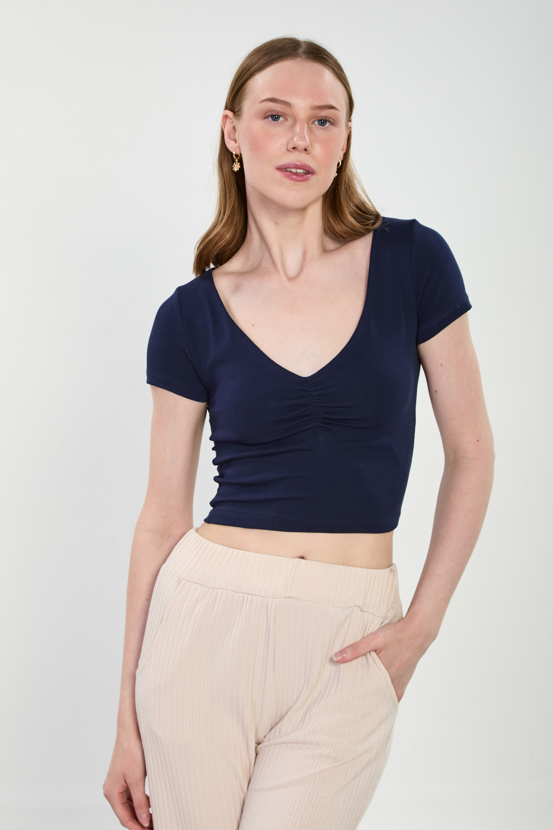 Kadın Önü Büzgülü V Yaka Body - Lacivert