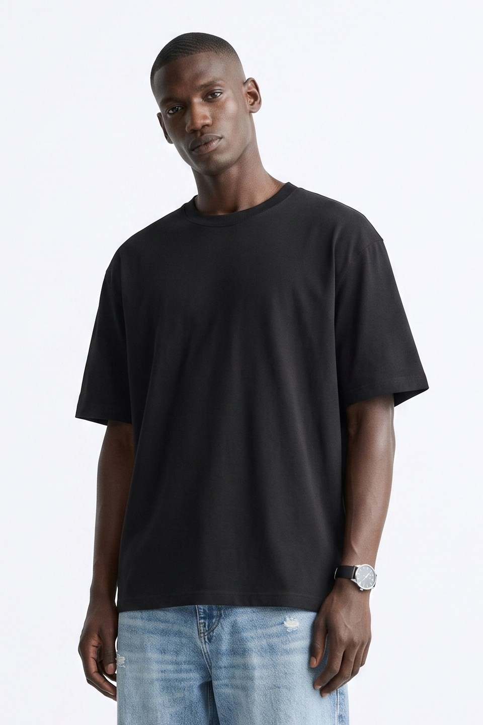Erkek Bisiklet Yaka Oversize T-Shirt - Siyah