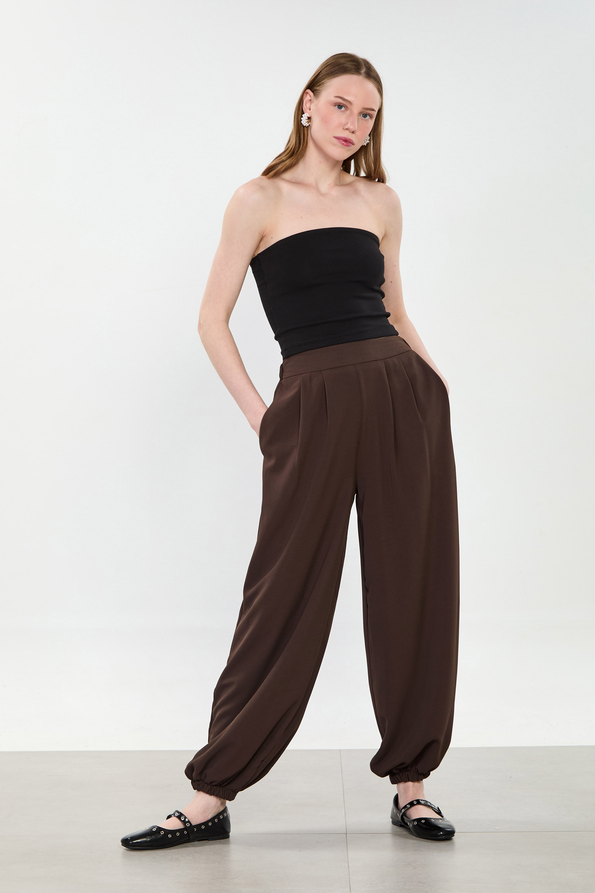 Kadın Paça Lastikli Şalvar Pantolon - Acı Kahve