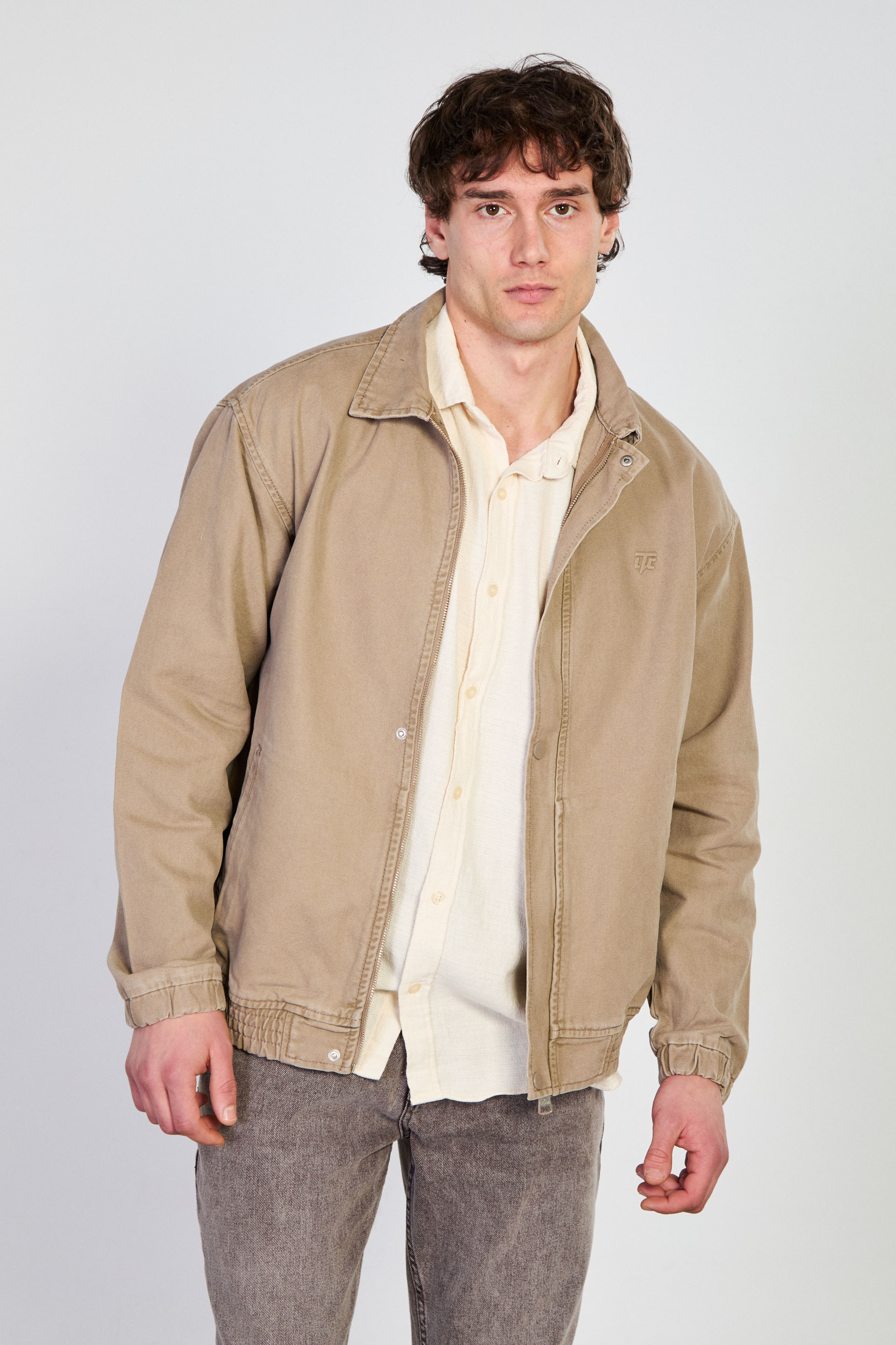 Erkek Polo Yaka Çıtçıtlı Beli Lastikli Ceket - Vizon