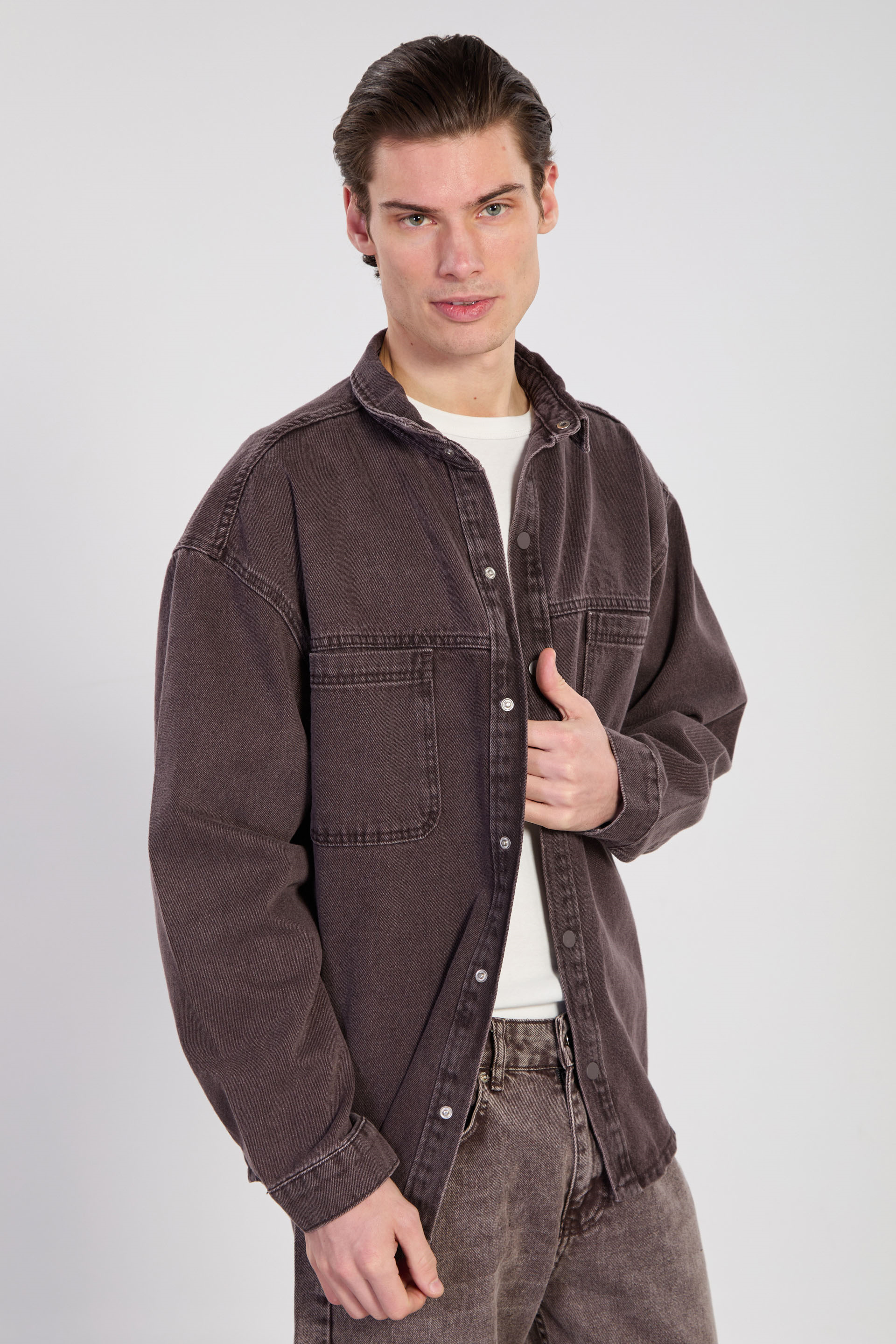 Erkek Çift Cep Çıtçıtlı Denim Ceket - Kahve Tint