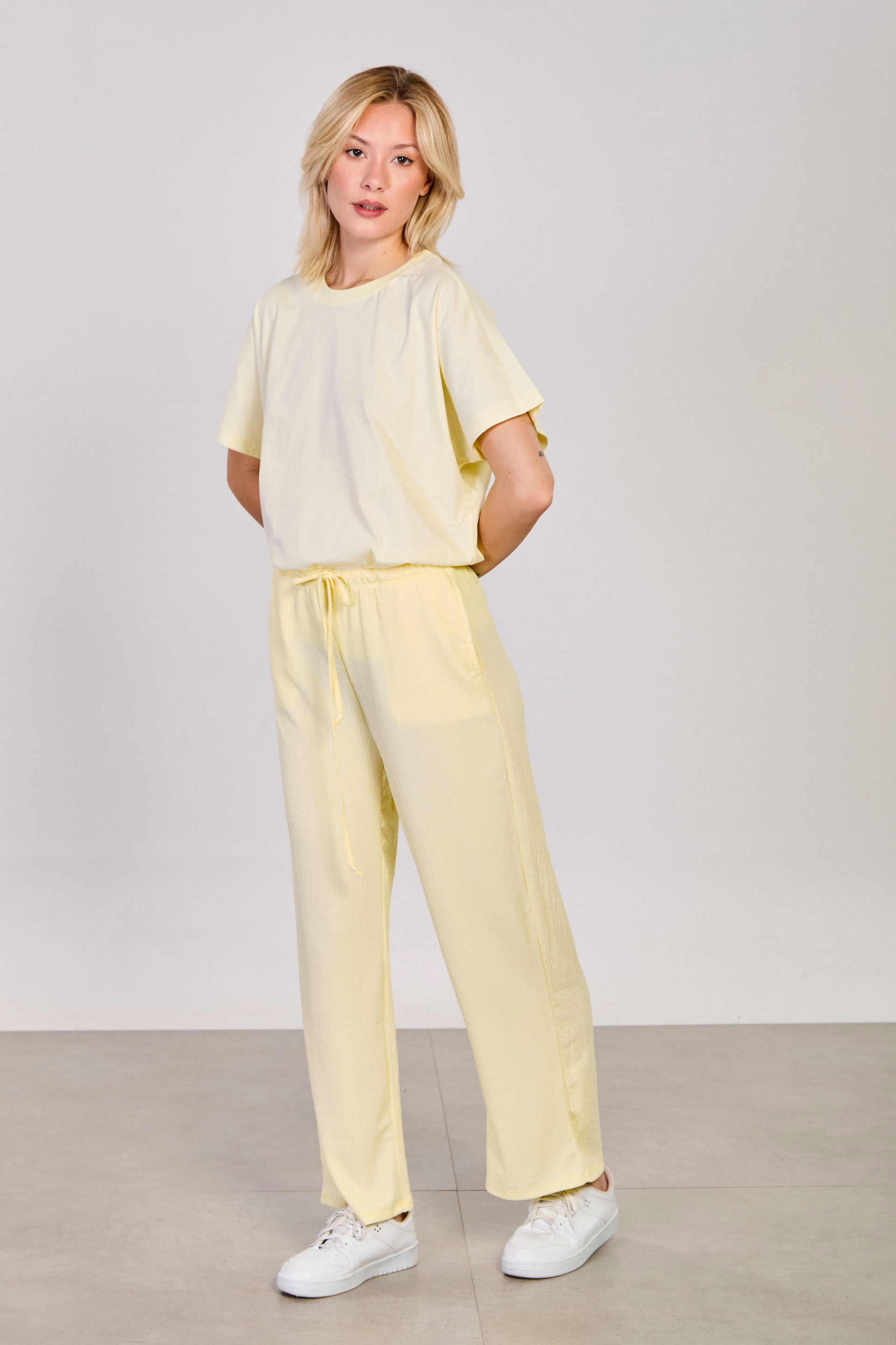 Kadın Beli Lastikli Bol Paça Pantolon - Sarı