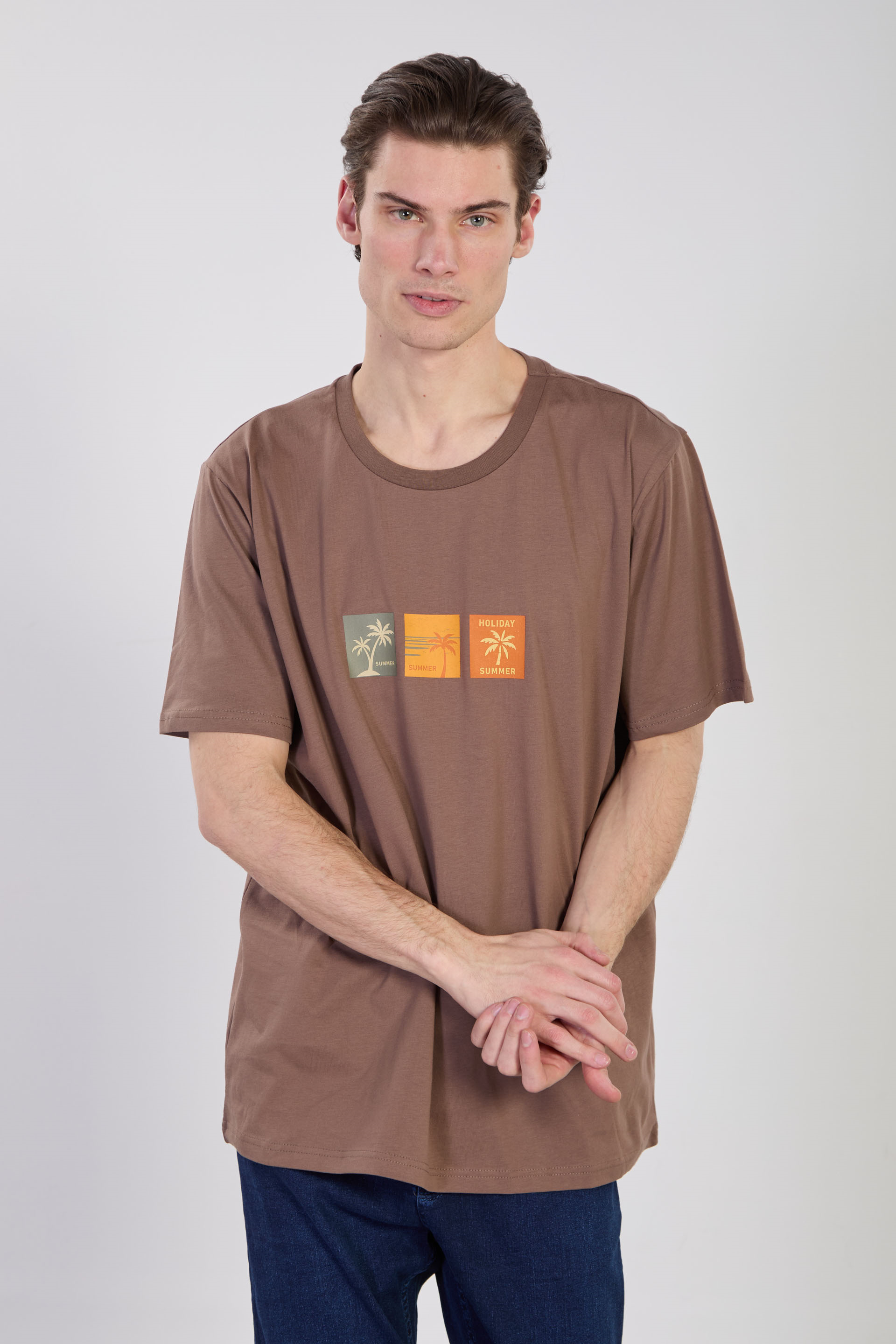 Erkek Summer Baskılı T-Shirt - Kahve