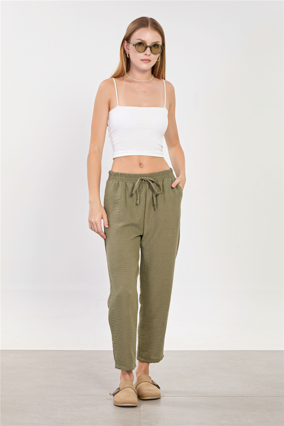 Kadın Beli Bağlamalı Havuç Pantolon - Olive