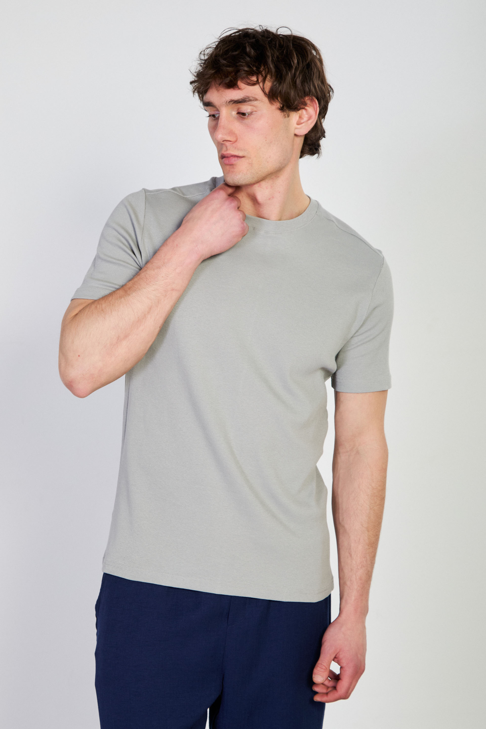 Erkek İnce Fitilli Basic T-Shirt - Kül