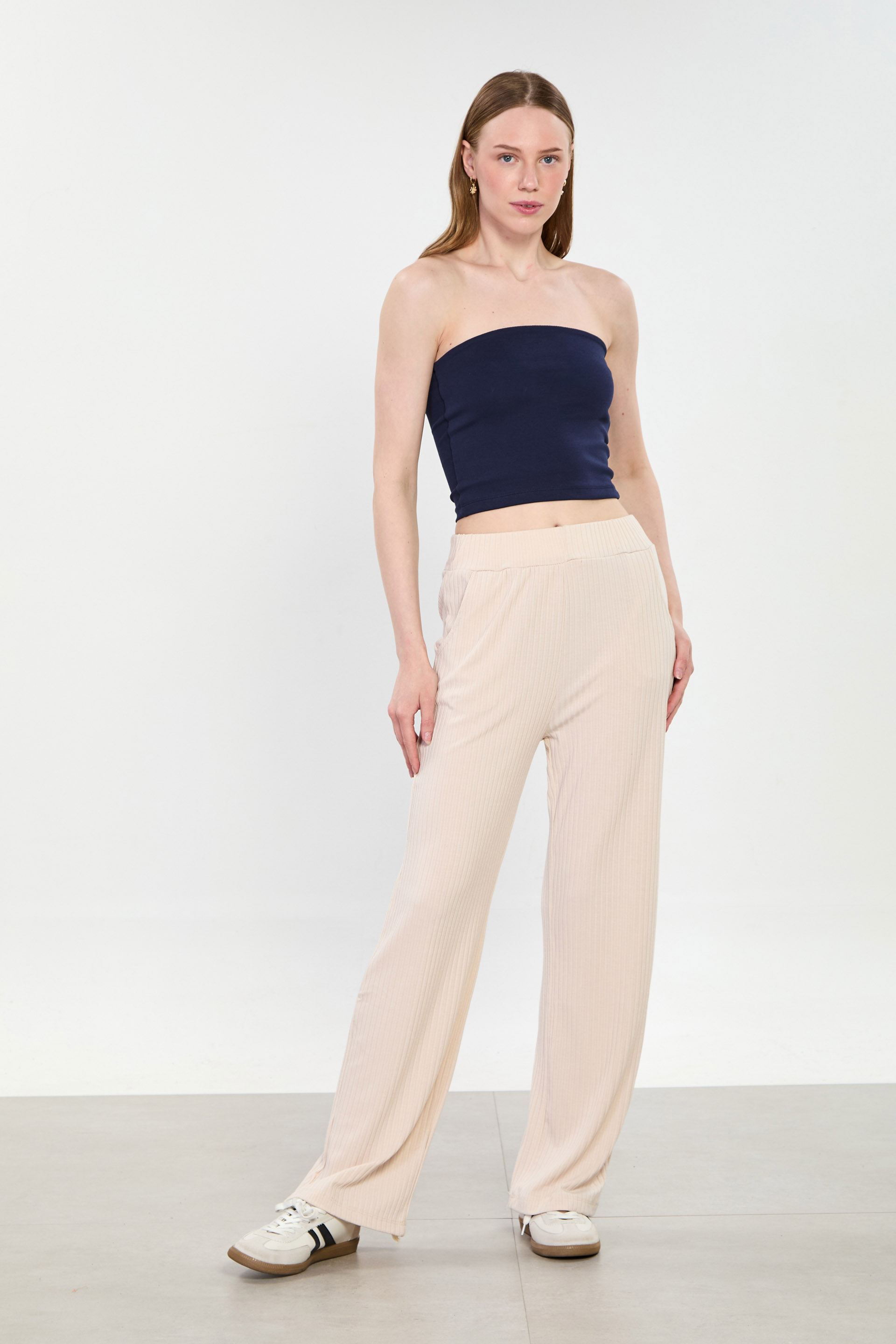 Kadın Beli Lastikli Çizgili Bol Eşofman Altı - Taş