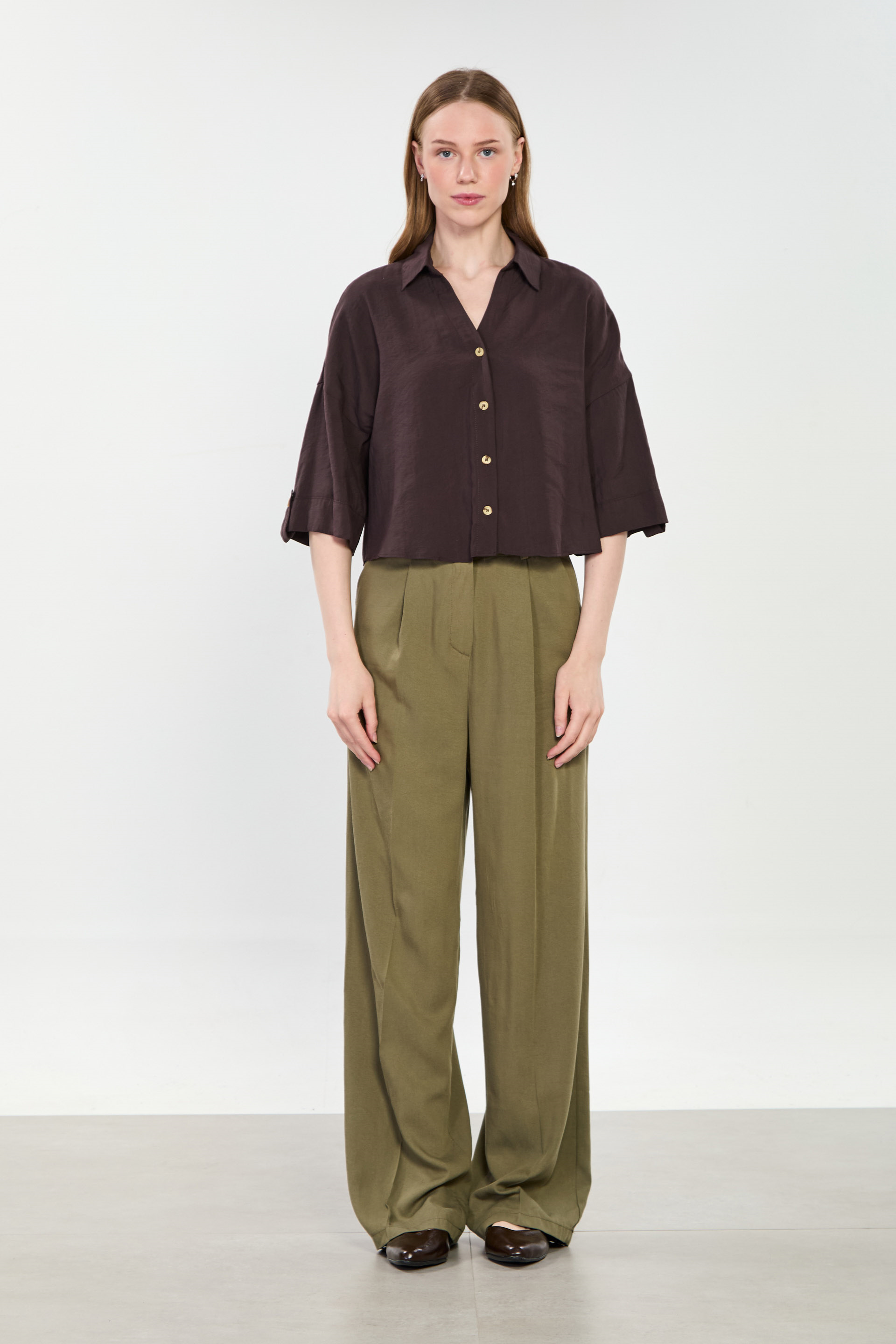 Kadın Önü Pileli Palazzo Pantolon - Olive