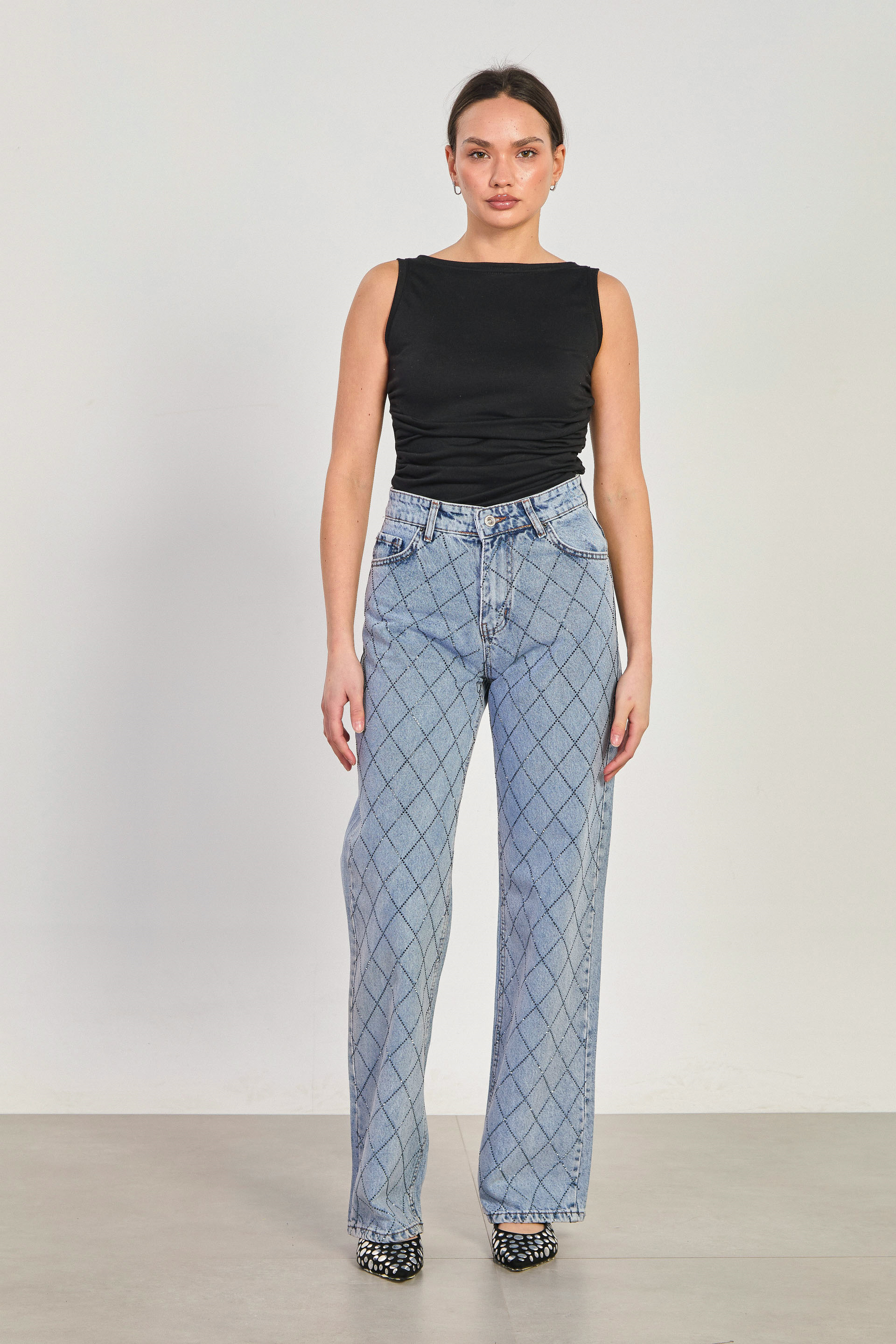 Kadın J63 Baklava Taş Baskılı Palazzo Jean Pantolon - Açık Mavi