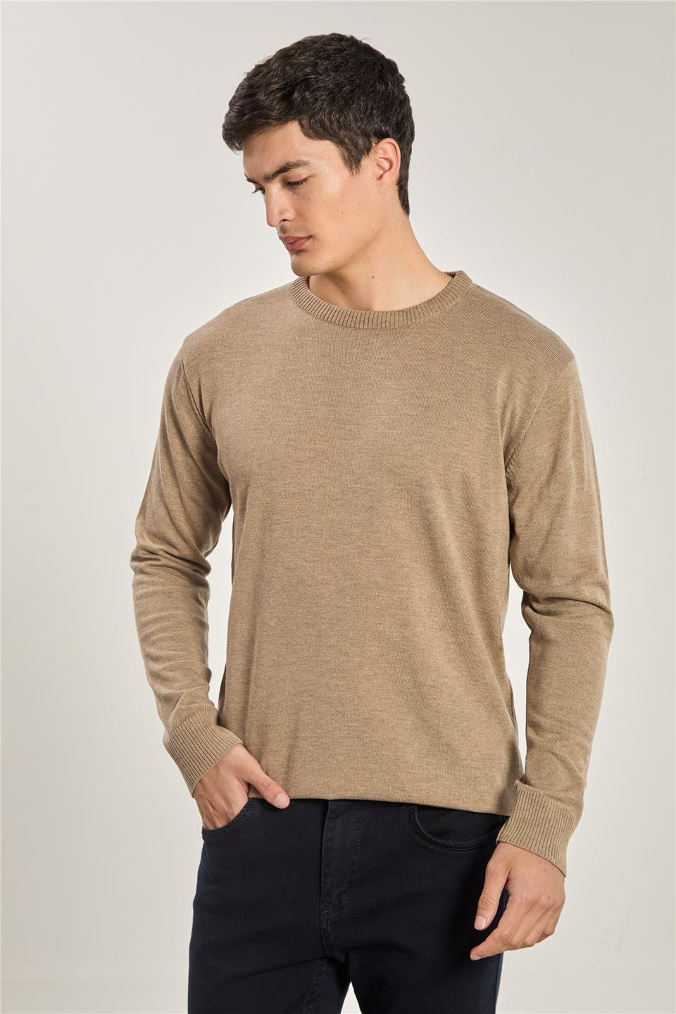 Erkek Uzun Kollu Triko Kazak - Vizon