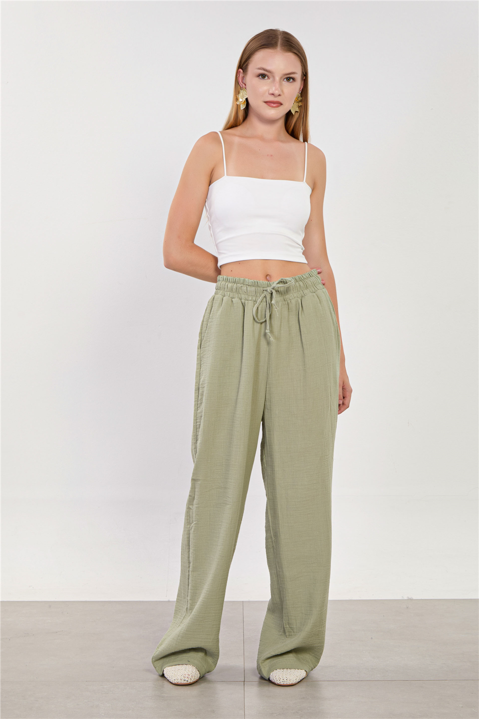 Kadın Beli Bağlamalı Pamuklu Bol Pantolon - Olive
