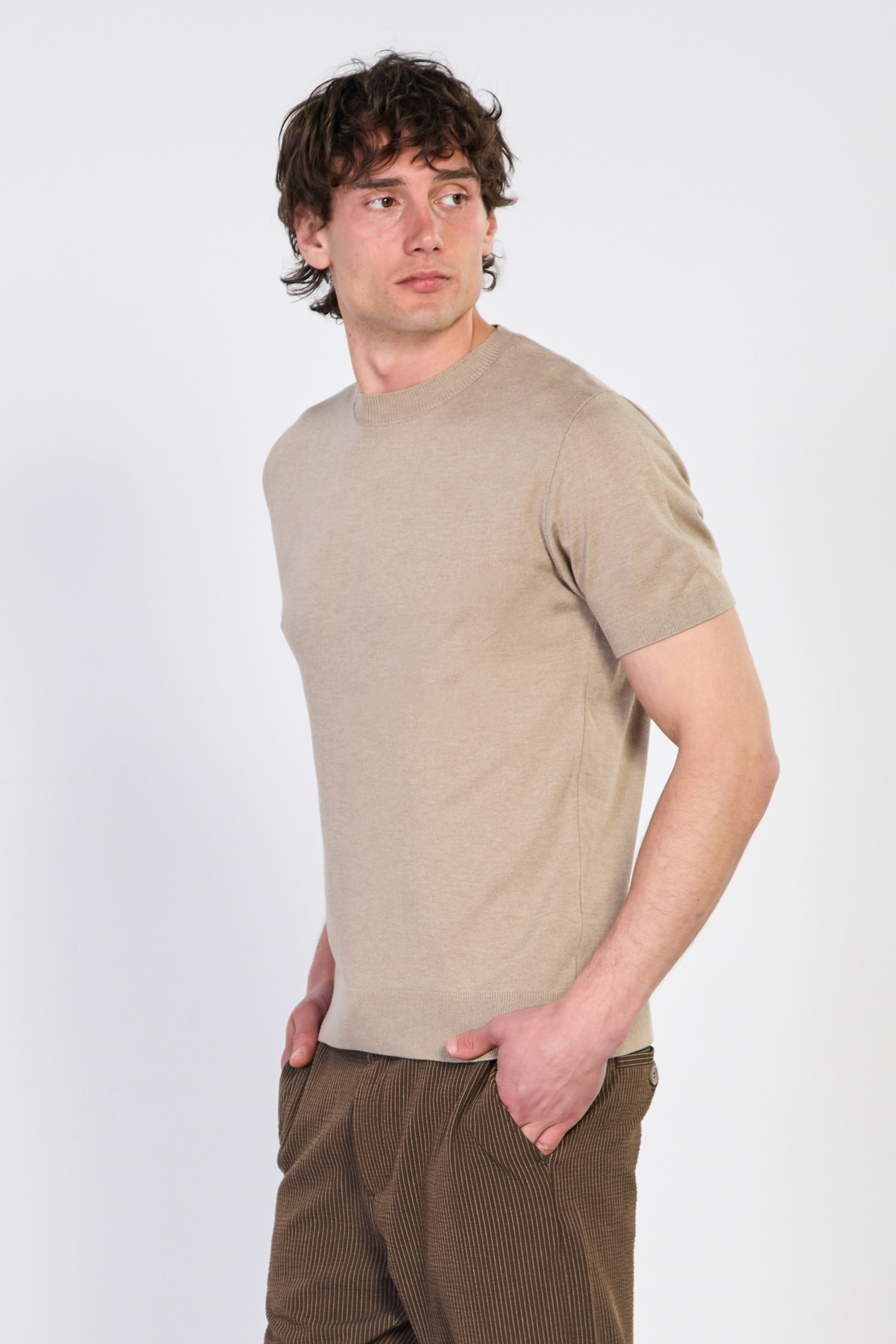 Erkek Dik Yaka Triko T-Shirt - Vizon