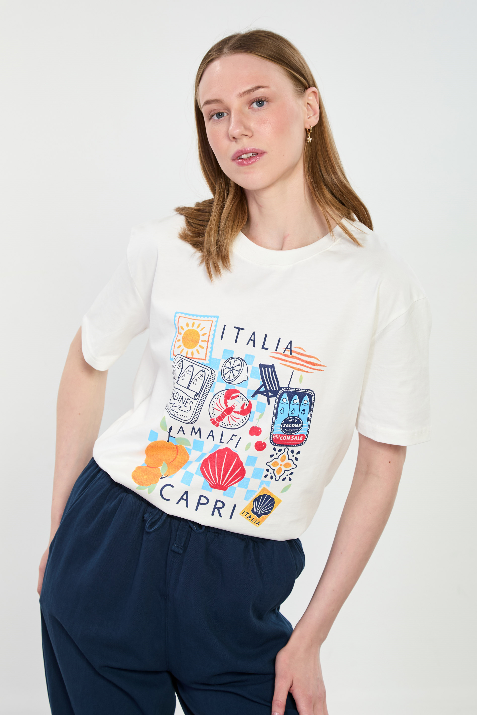 Kadın Italia Deniz Temalı T-Shirt - Ekru