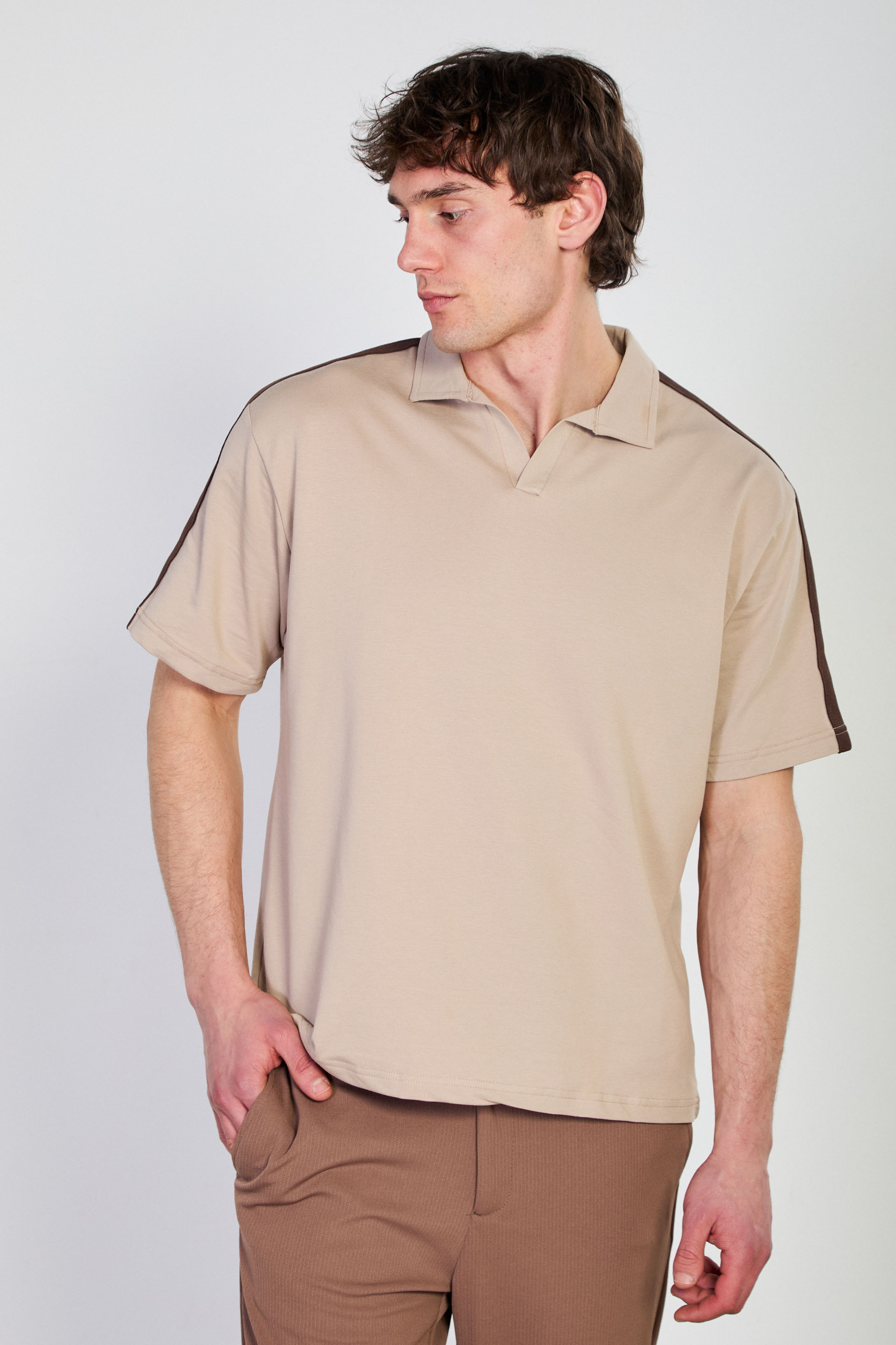 Erkek Omzu Biye Detaylı Polo Yaka T-Shirt - Kum Beji