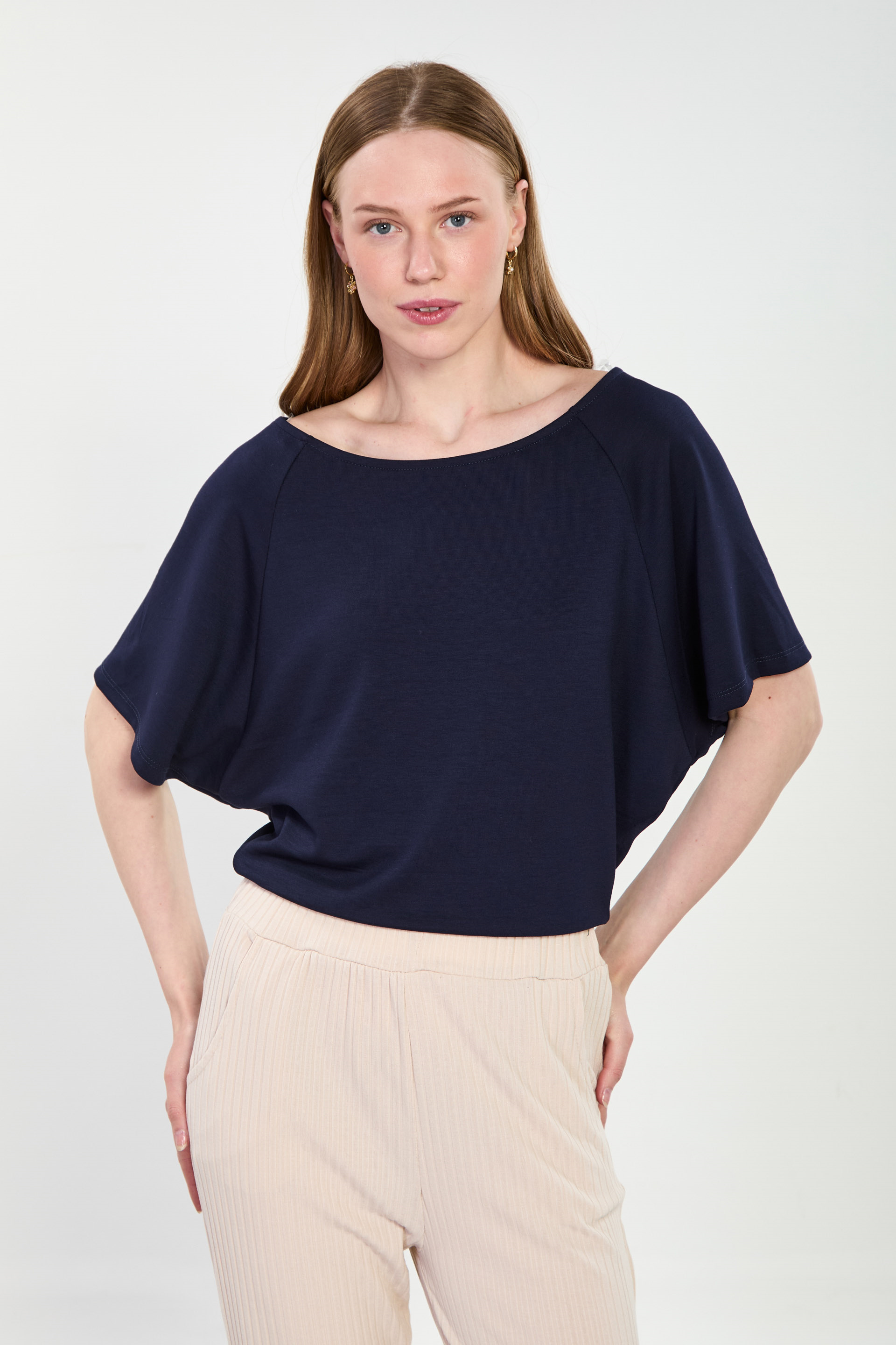 Kayık Yaka Yarasa Kol T-Shirt - Lacivert