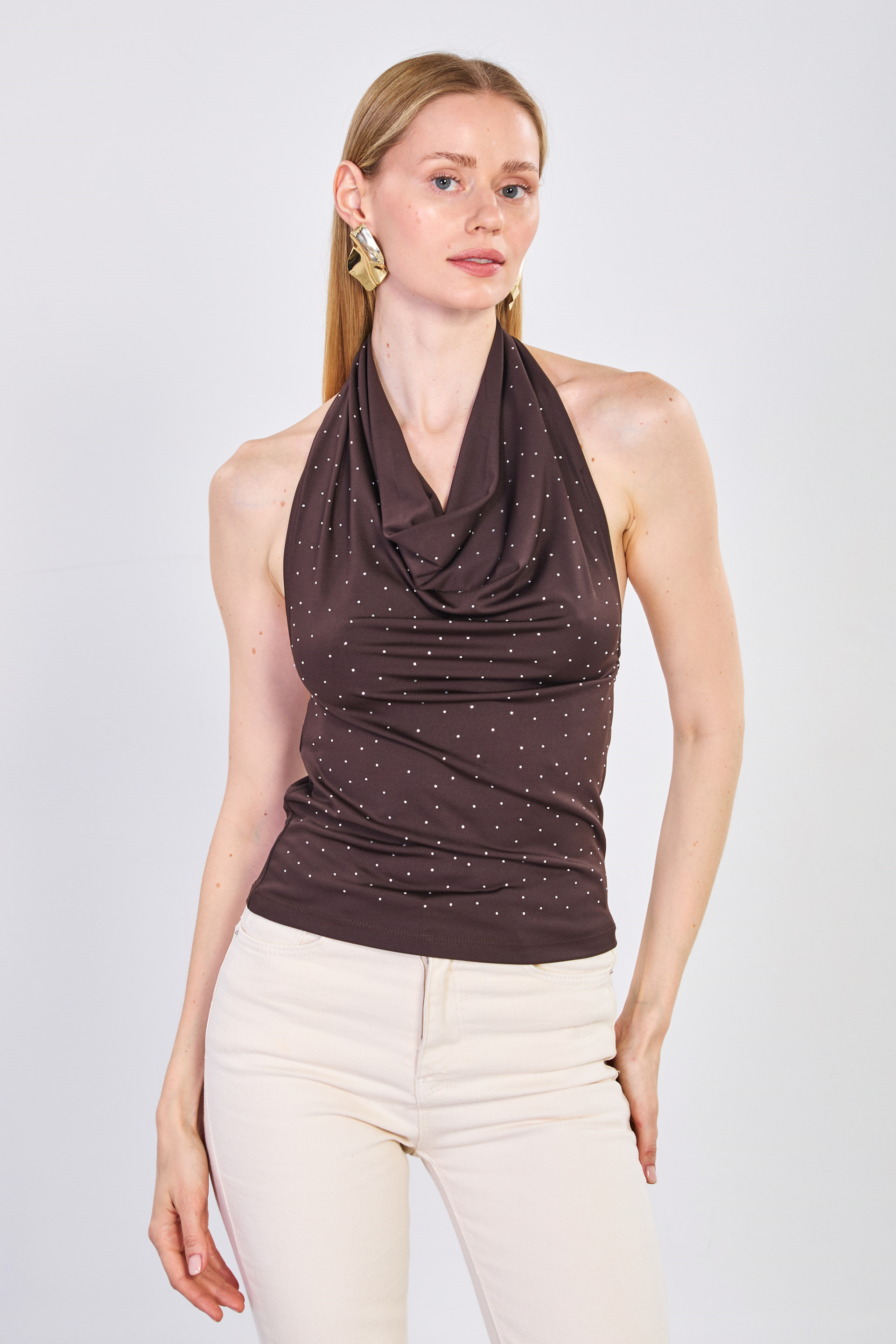 Kadın Degaje Yaka Taşlı Bluz - Kahve