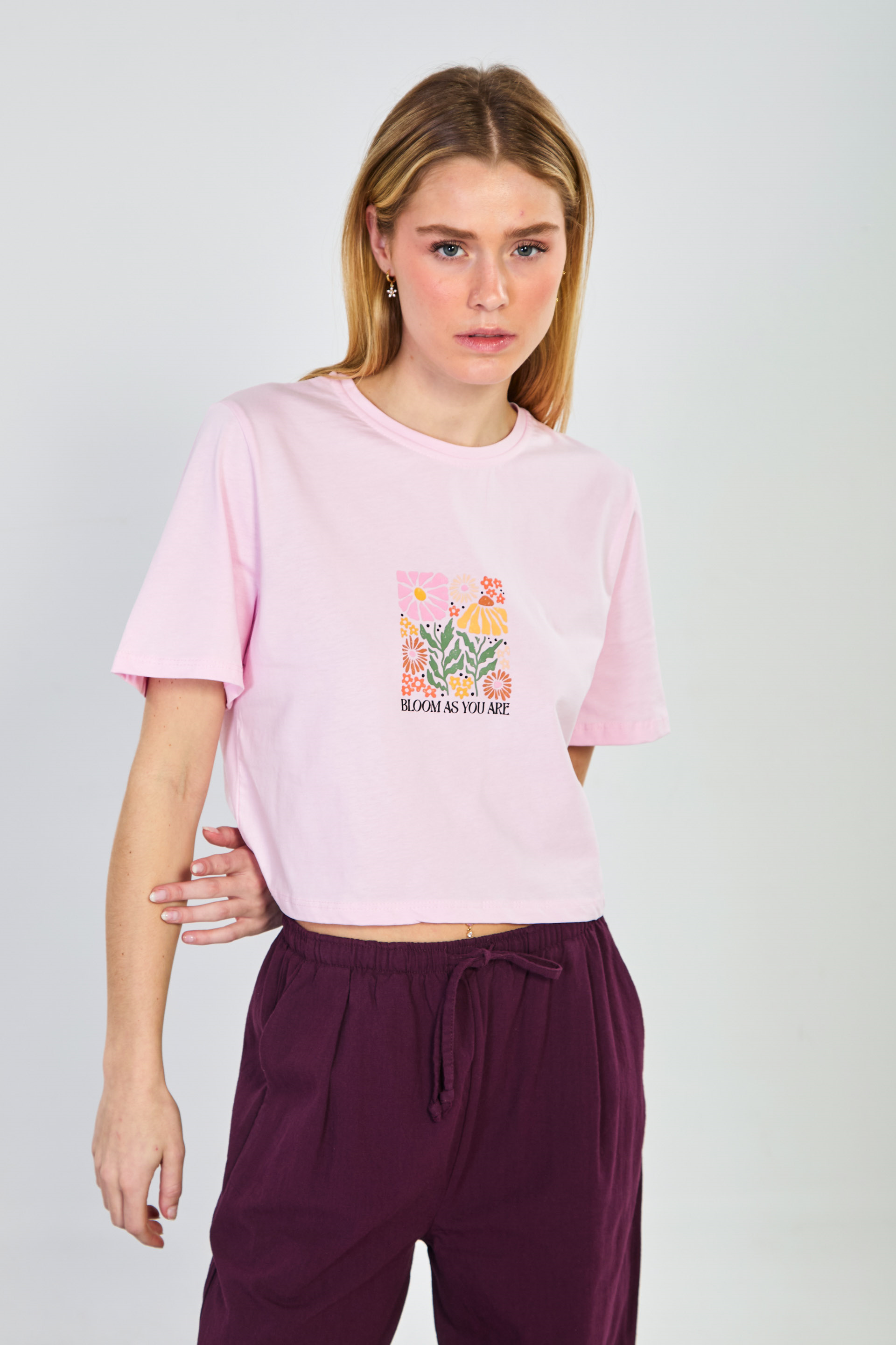 Kadın Çiçek Baskılı Crop T-Shirt - Pembe