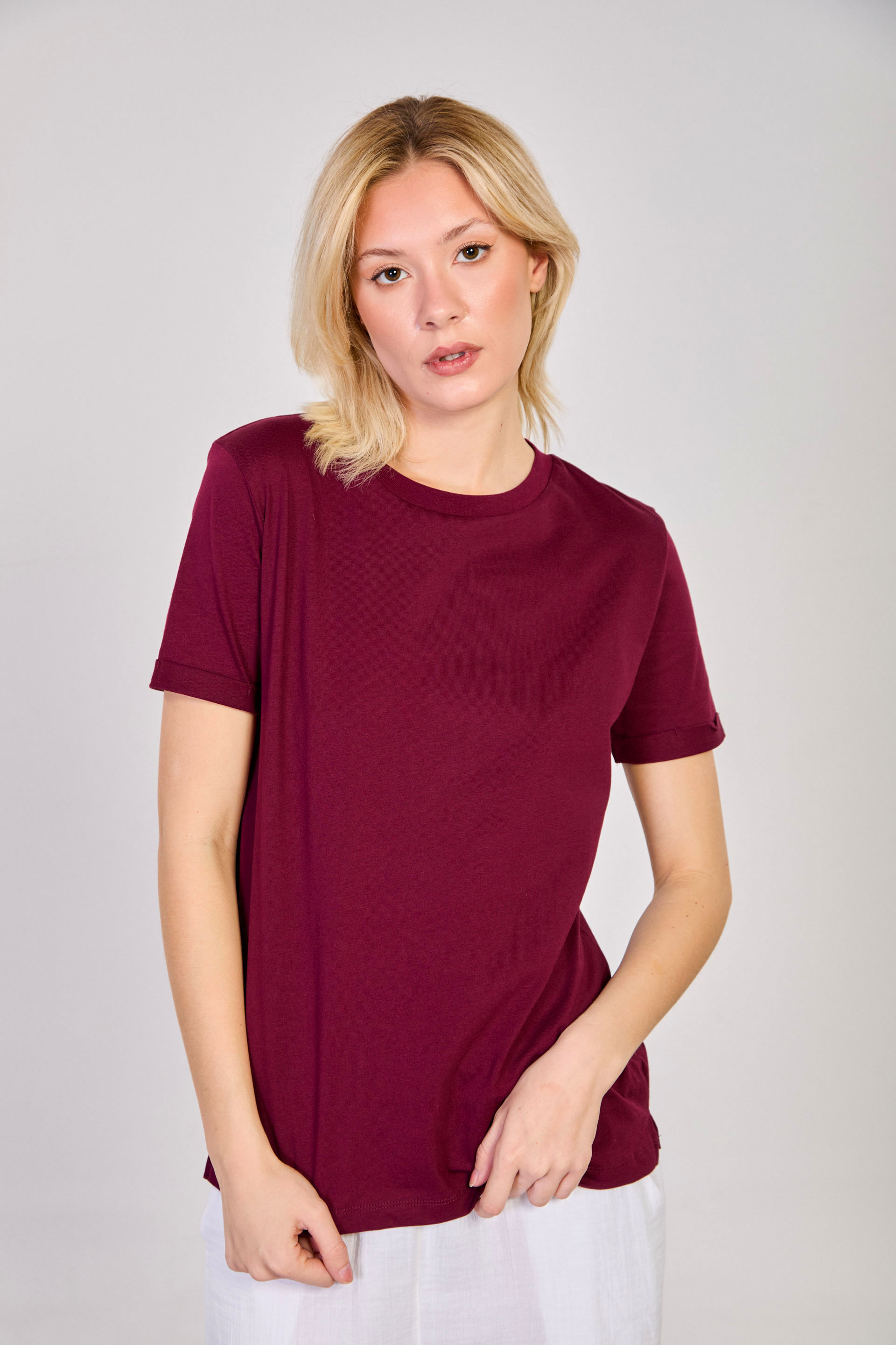 Kadın Bisiklet Yaka Double Kol Basic T-Shirt - Mürdüm