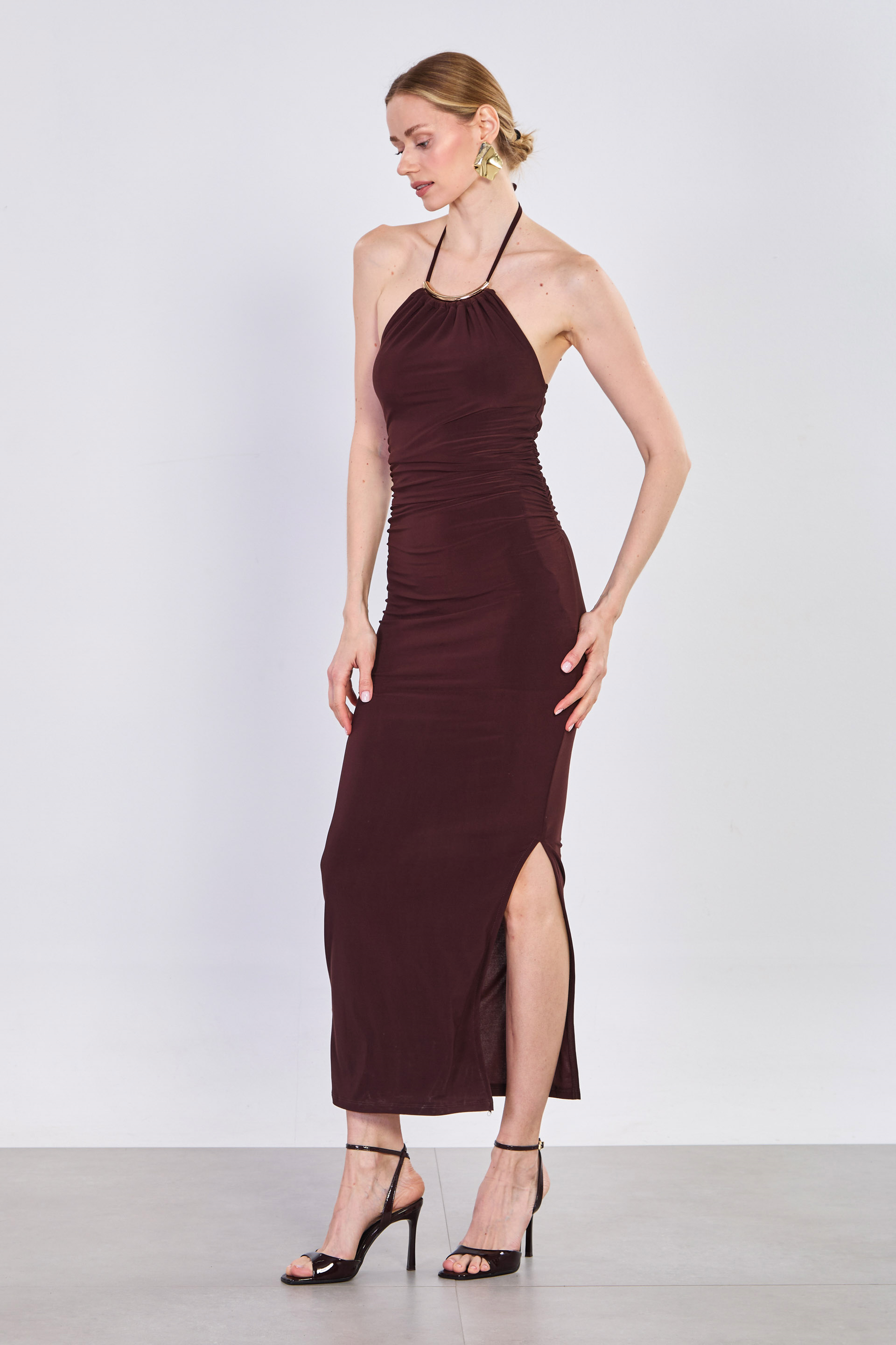 Kadın Boyundan Bağlamalı Drapeli Elbise - Acı Kahve