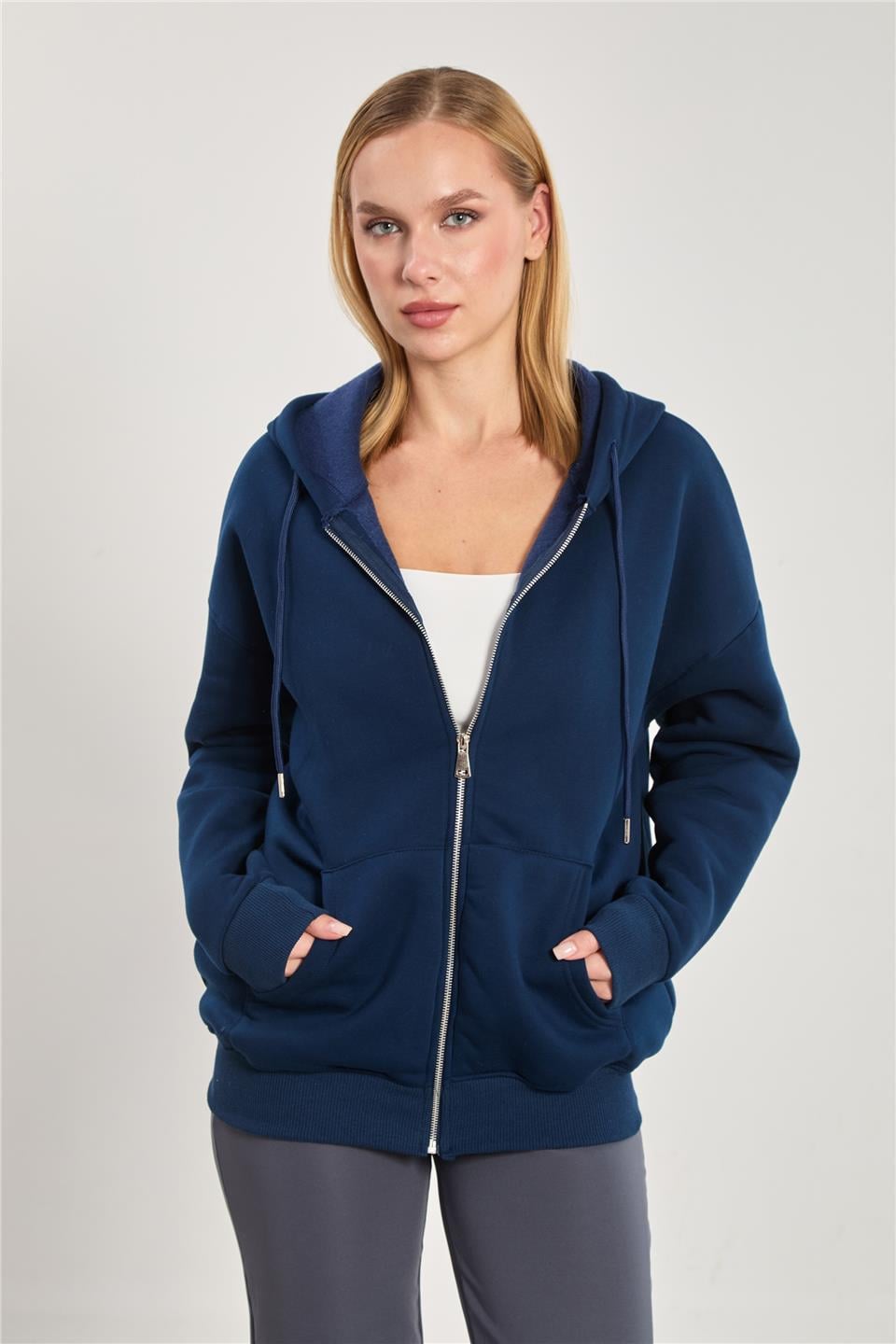 Kadın Kapüşonlu Fermuarlı Sweatshirt - Lacivert