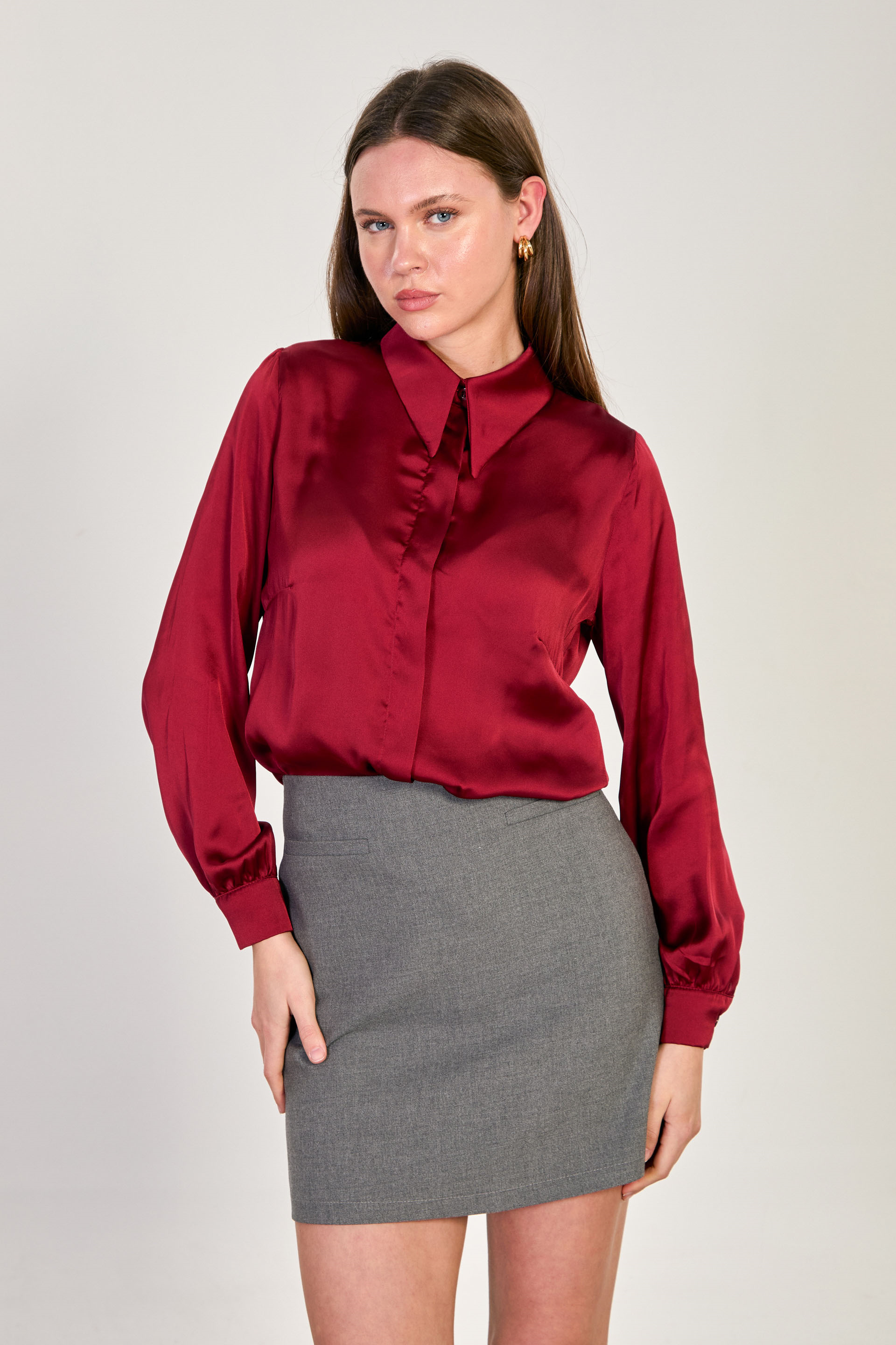 Kadın Uzun Kollu Saten Gömlek - Bordo
