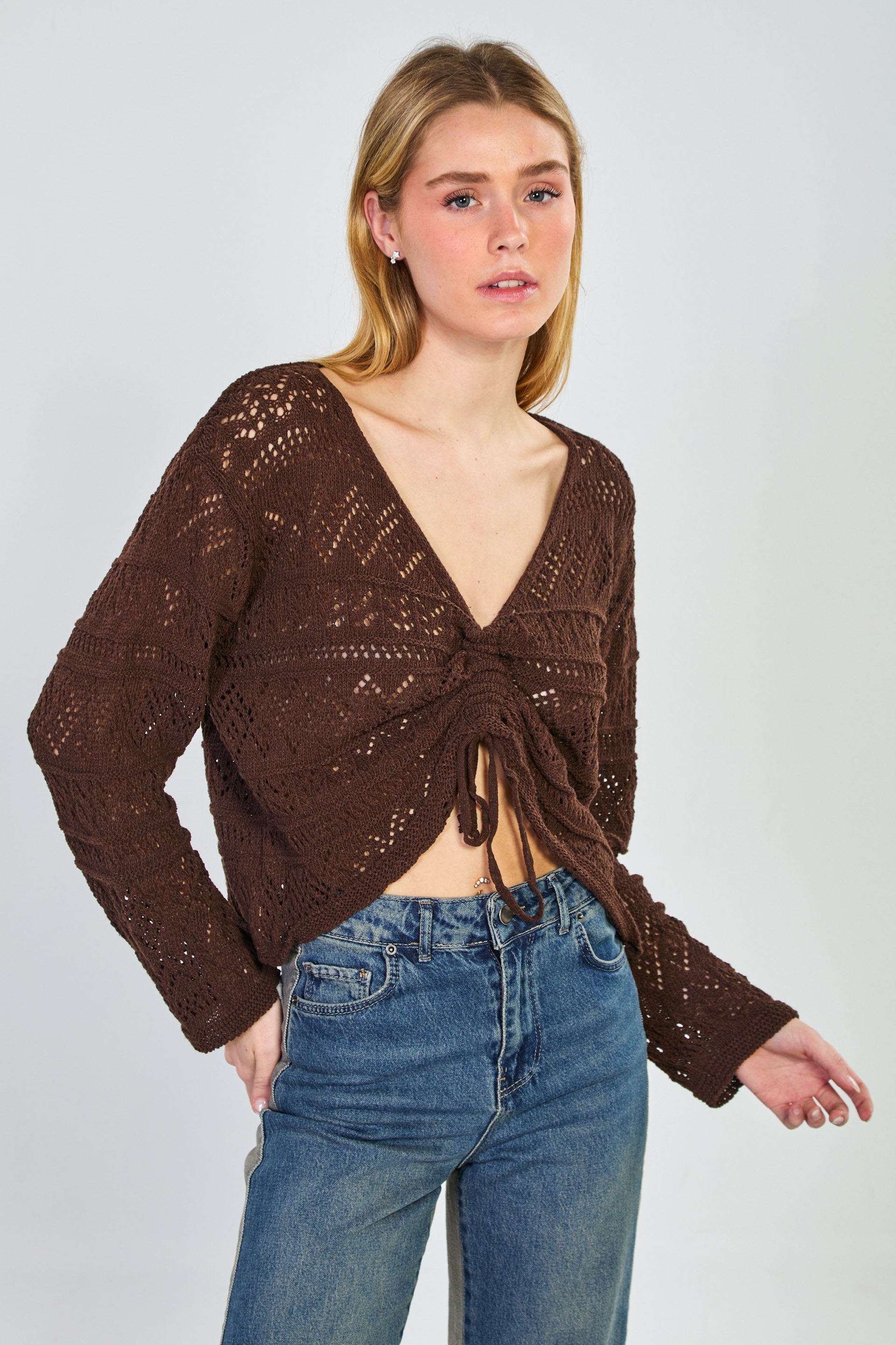 Kadın Önü Büzgülü Ajurlu Kazak - Acı Kahve