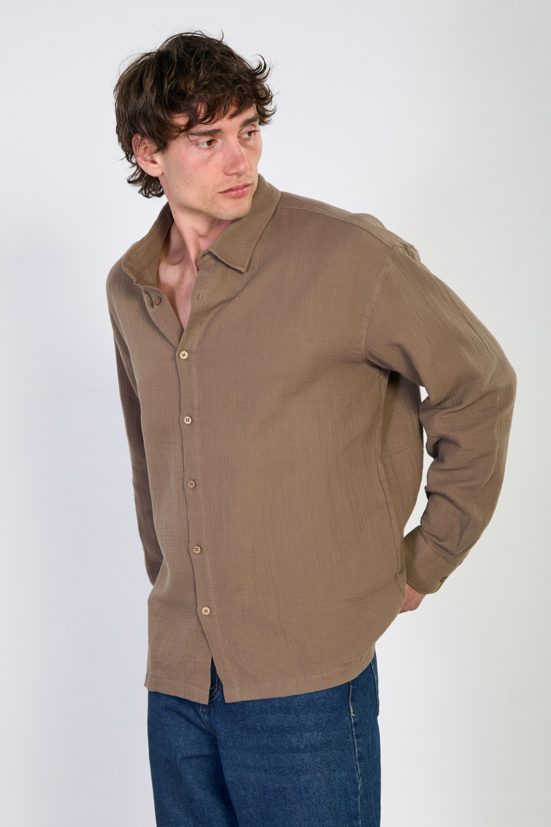 Uzun kollu müslin gömlek-1192 Vizon