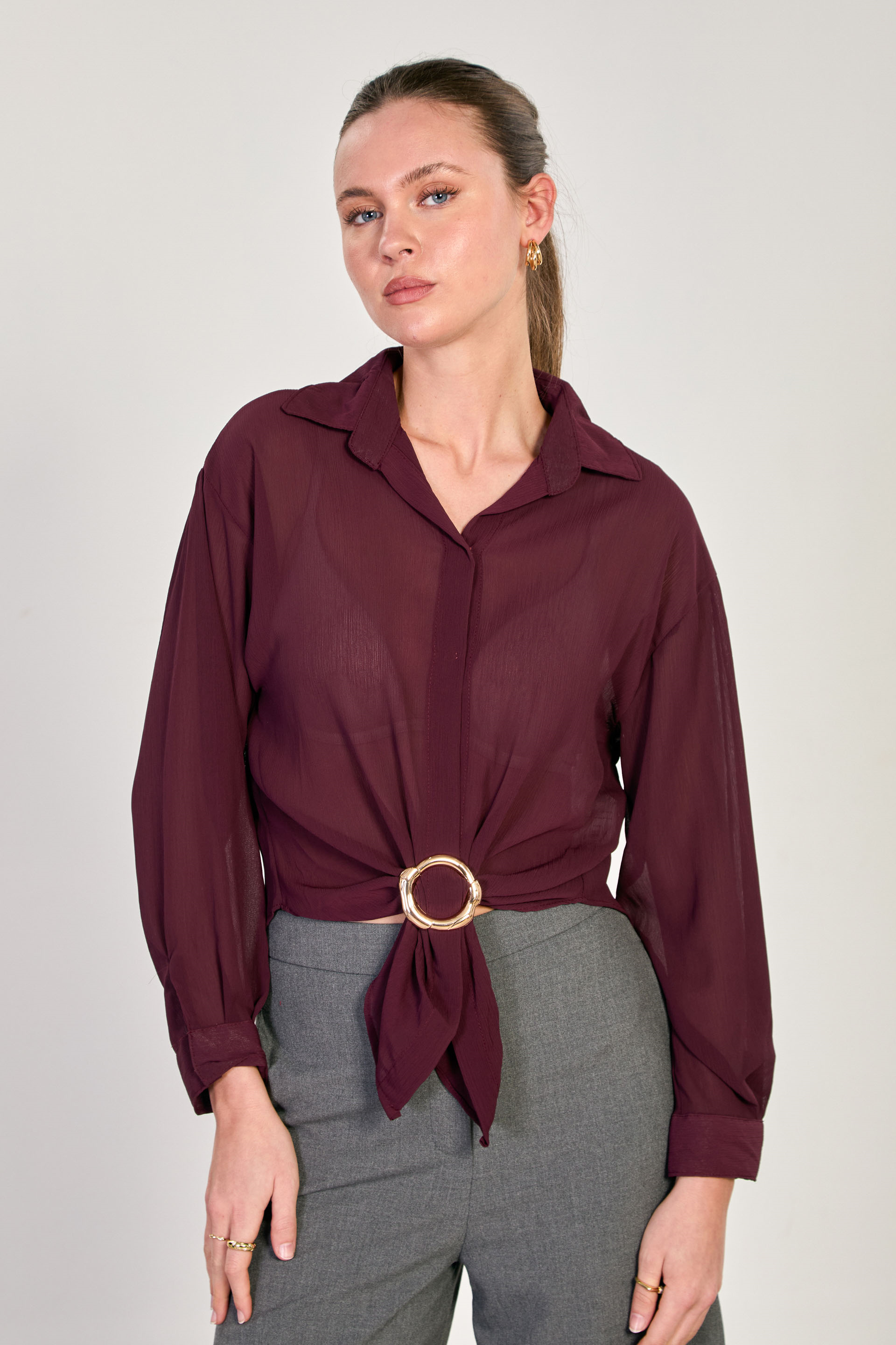 Kadın Halka Tokalı Uzun Kollu Bluz - Mürdüm