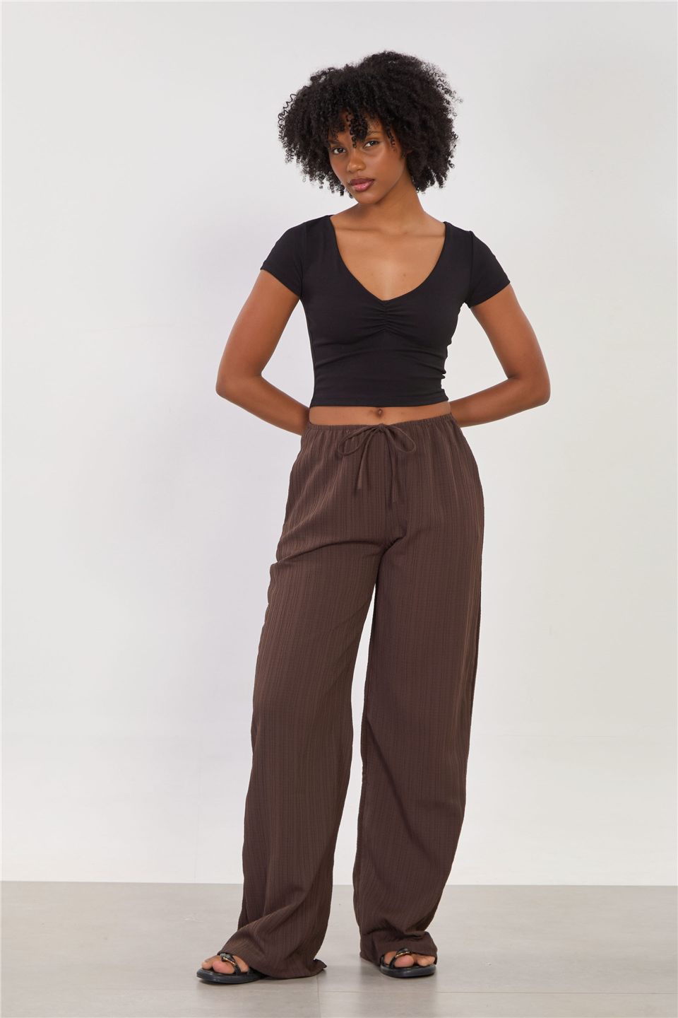 Kadın Beli Lastikli Kırınkıl Bol Pantolon - Acı Kahve