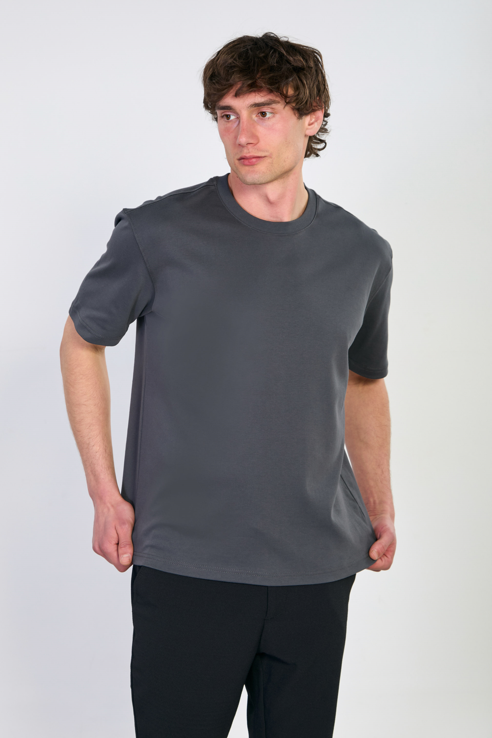 Erkek Bisiklet Yaka Oversize T-Shirt - Antrasit